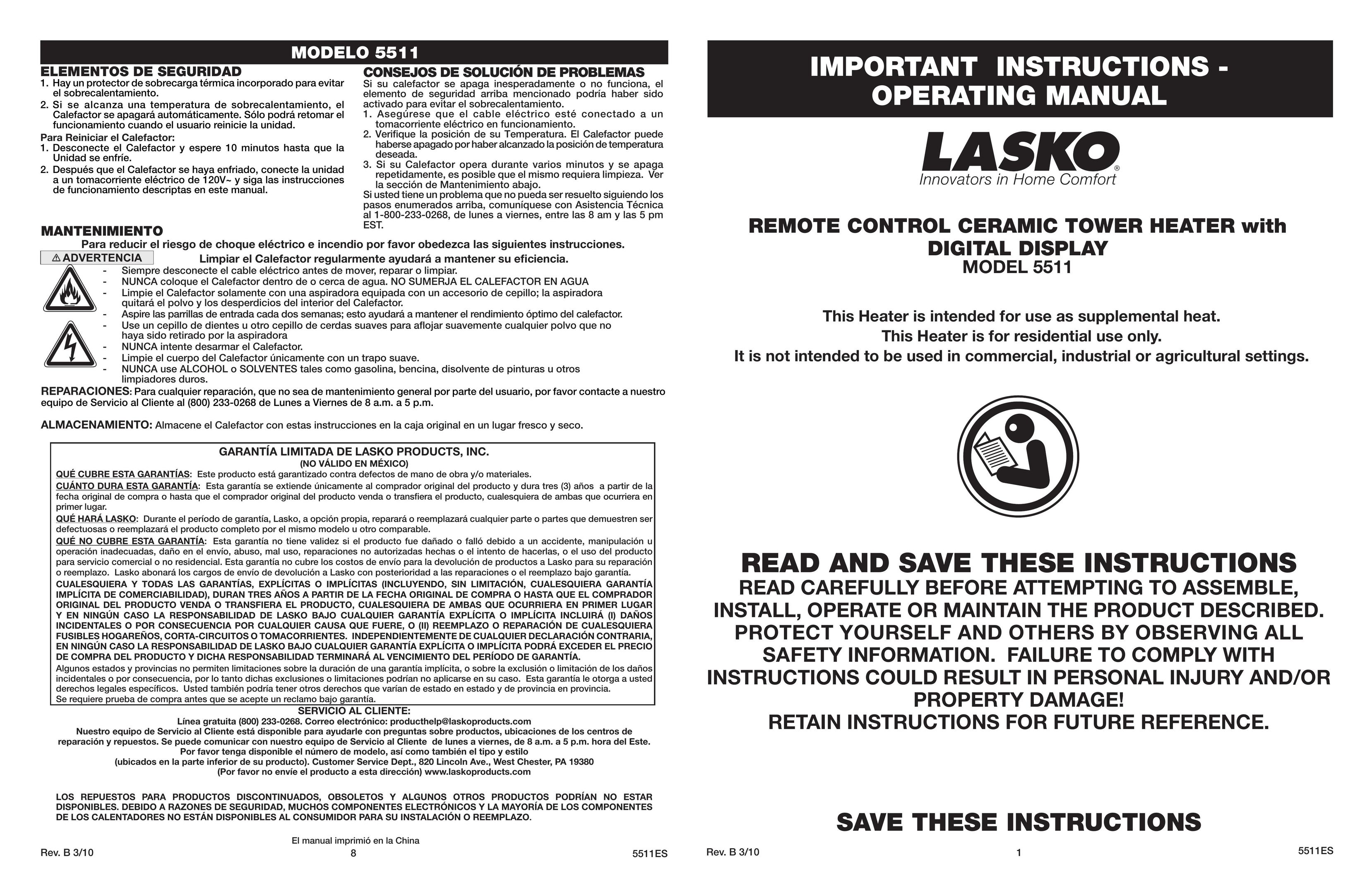 Lasko 5511 Electric Heater User Manual