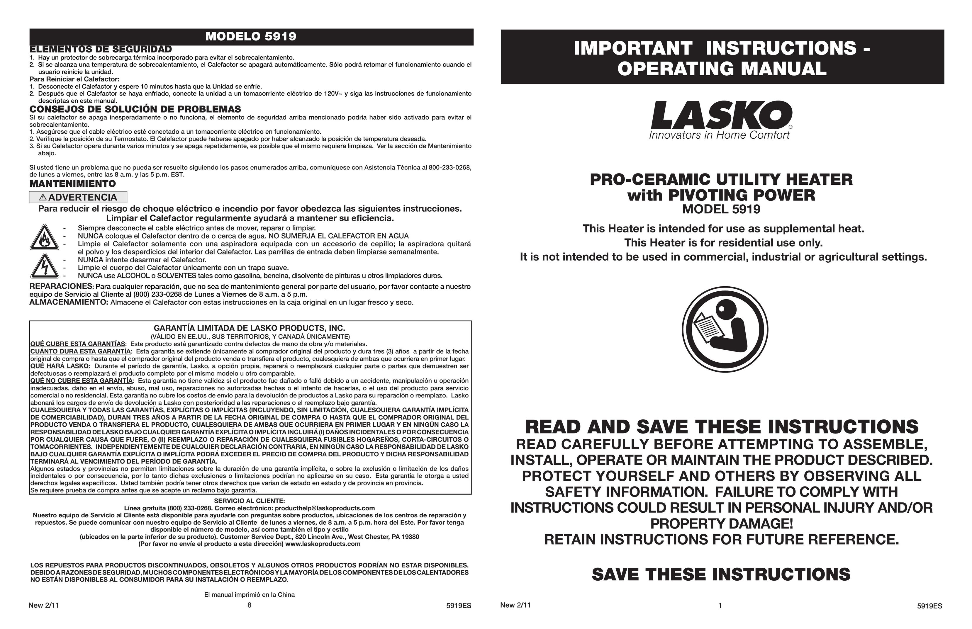 Lasko 5919 Electric Heater User Manual