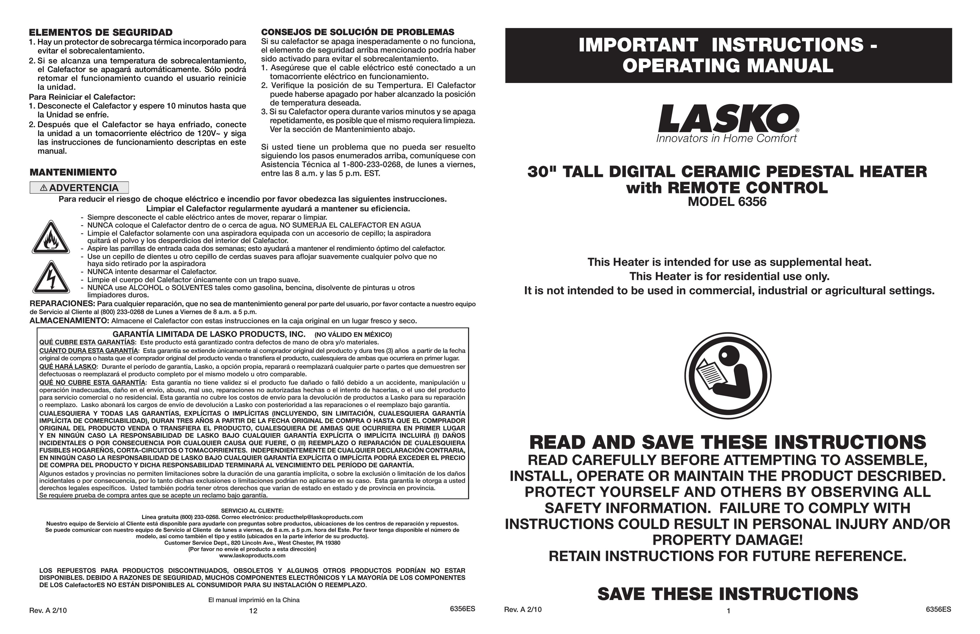 Lasko 6356 Electric Heater User Manual