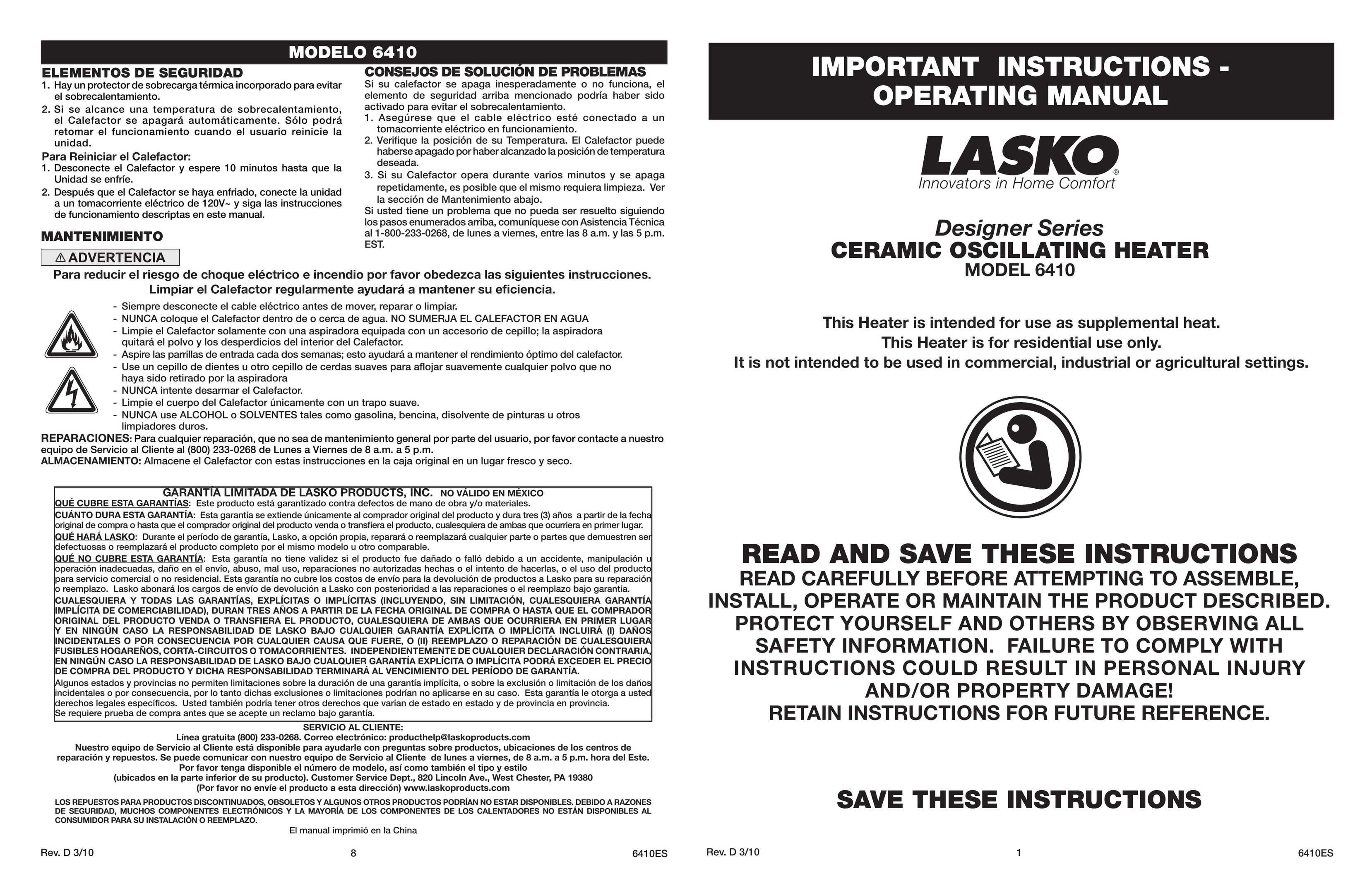 Lasko 6410 Electric Heater User Manual