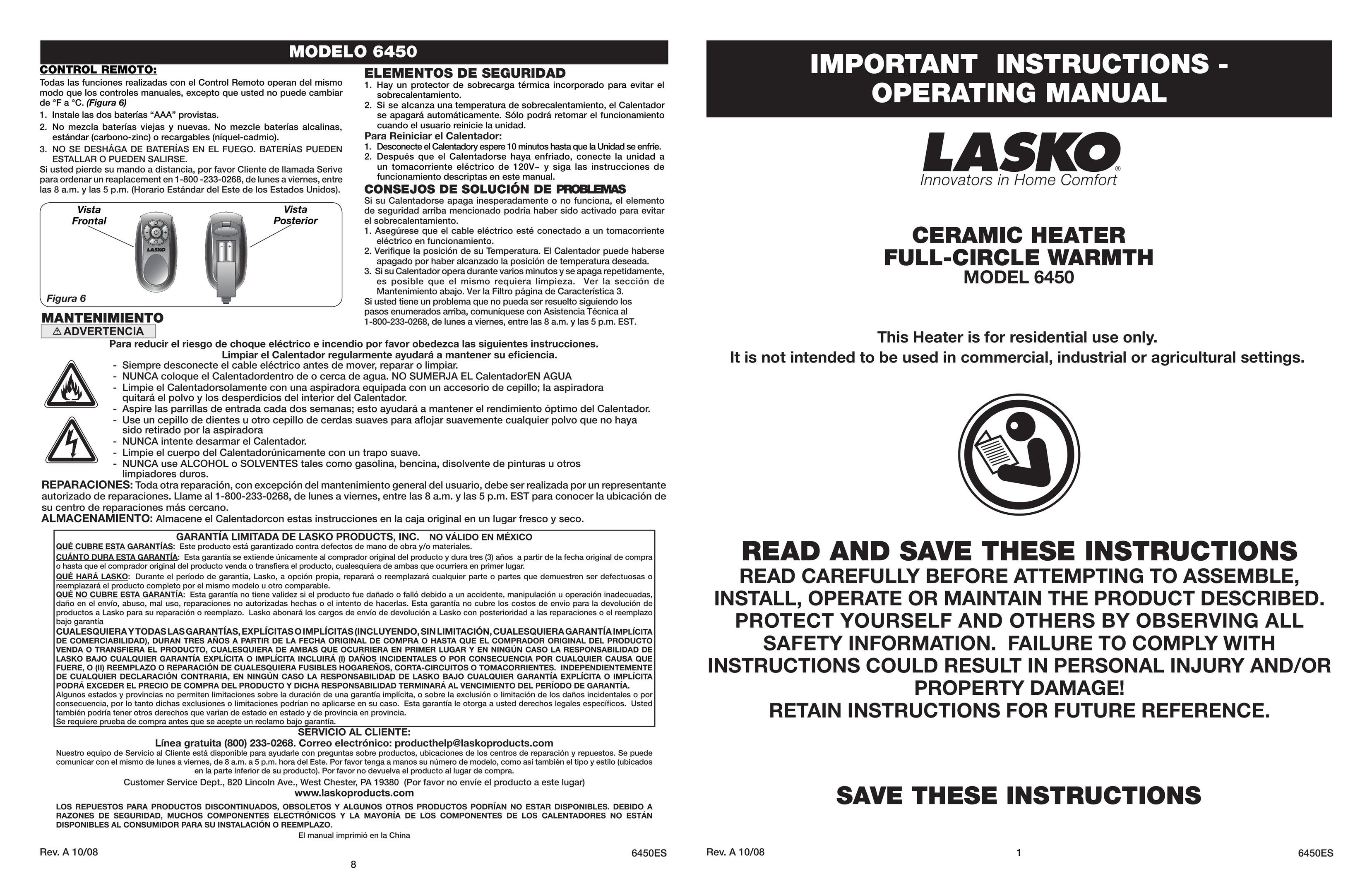Lasko 6450 Electric Heater User Manual
