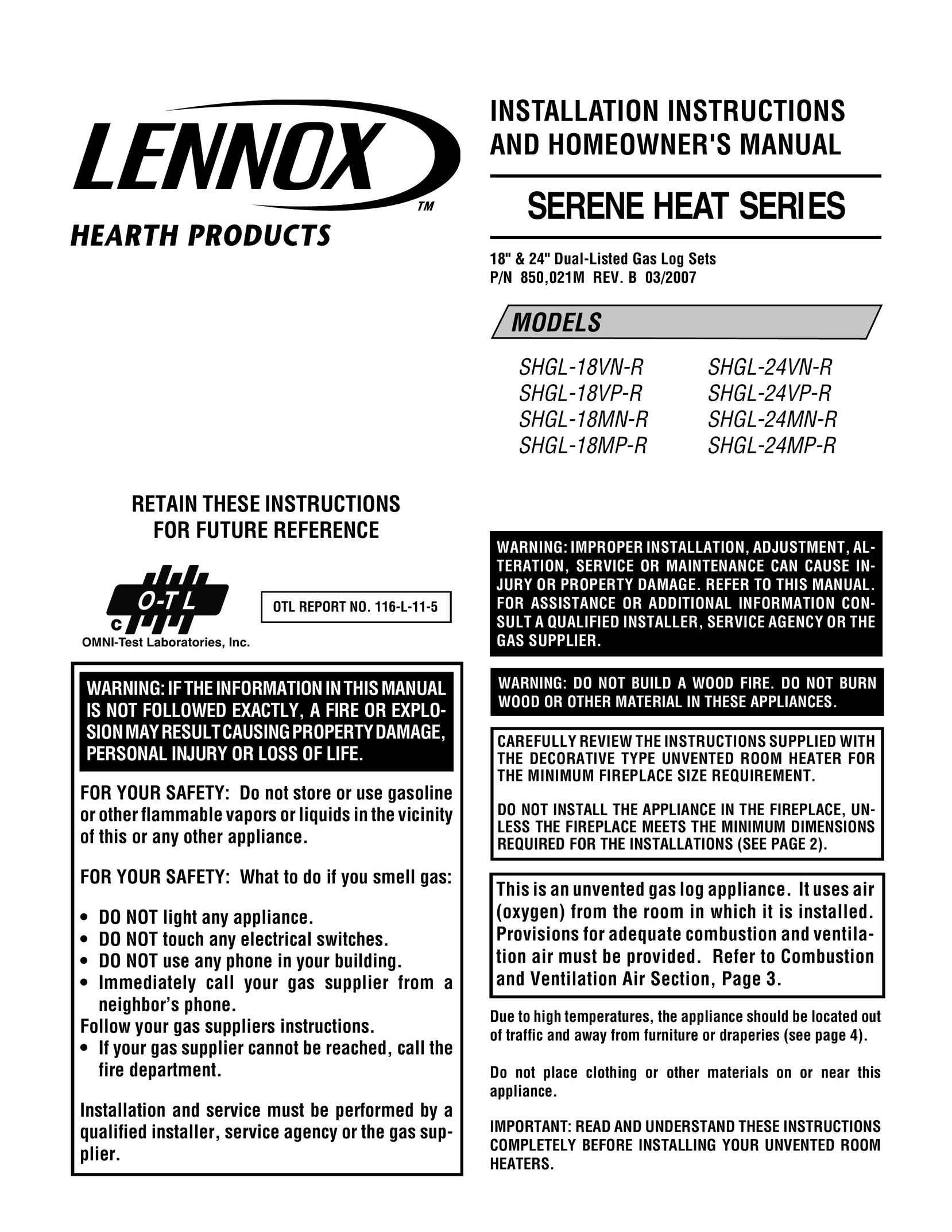 Lennox Hearth SHGL-18VN-R Electric Heater User Manual