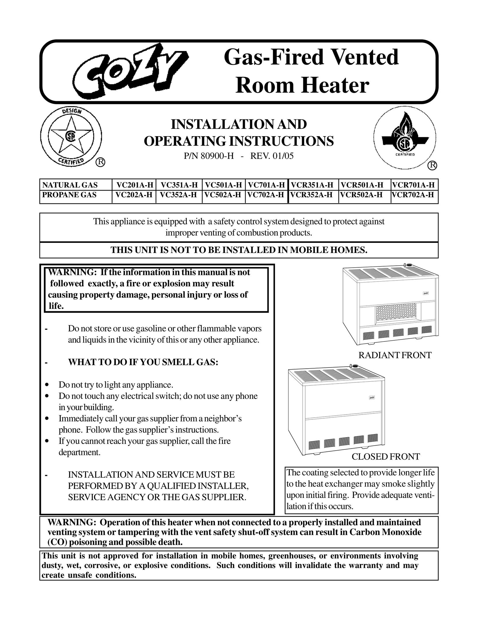 Louisville Tin and Stove VC201A-H Electric Heater User Manual