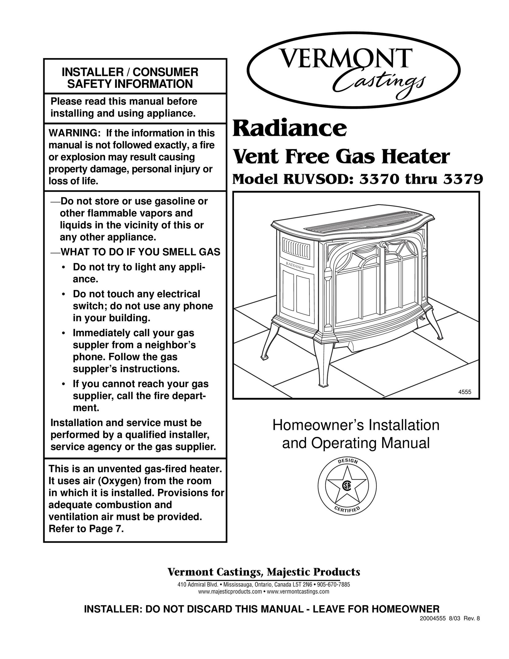 Majestic Appliances 3370 Electric Heater User Manual
