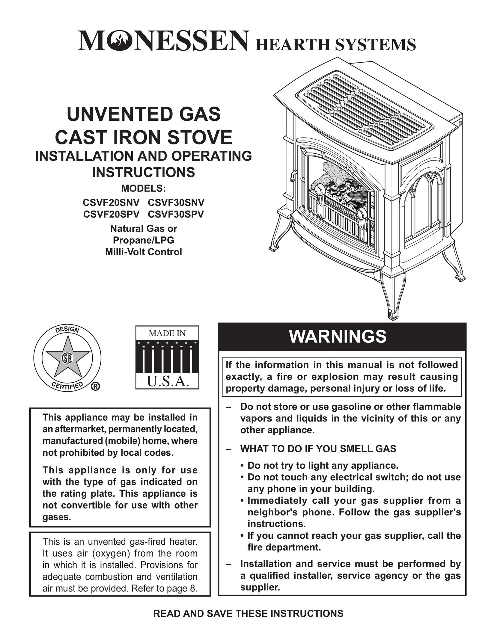 Monessen Hearth CSVF20SNV Electric Heater User Manual