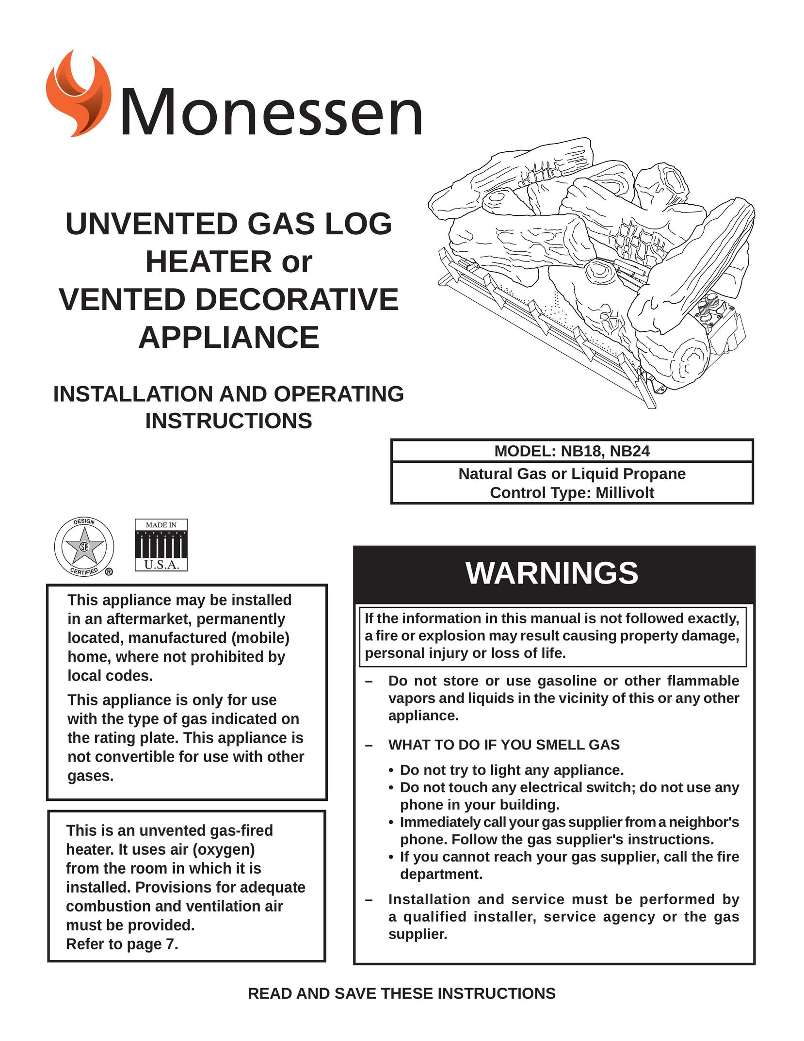 Monessen Hearth NB24 Electric Heater User Manual