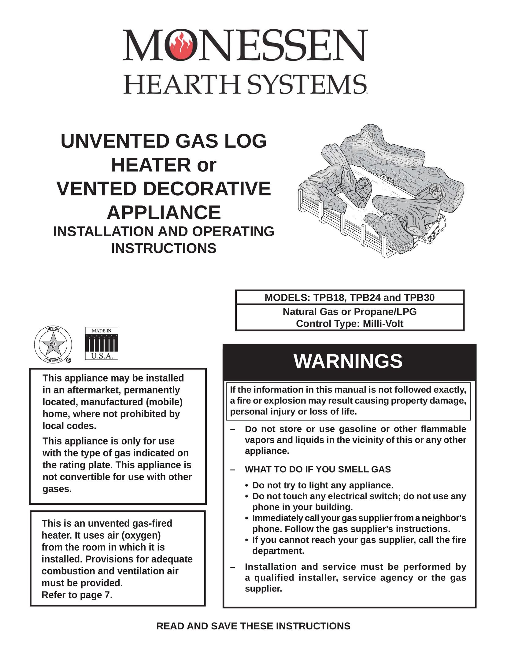 Monessen Hearth TPB18 Electric Heater User Manual