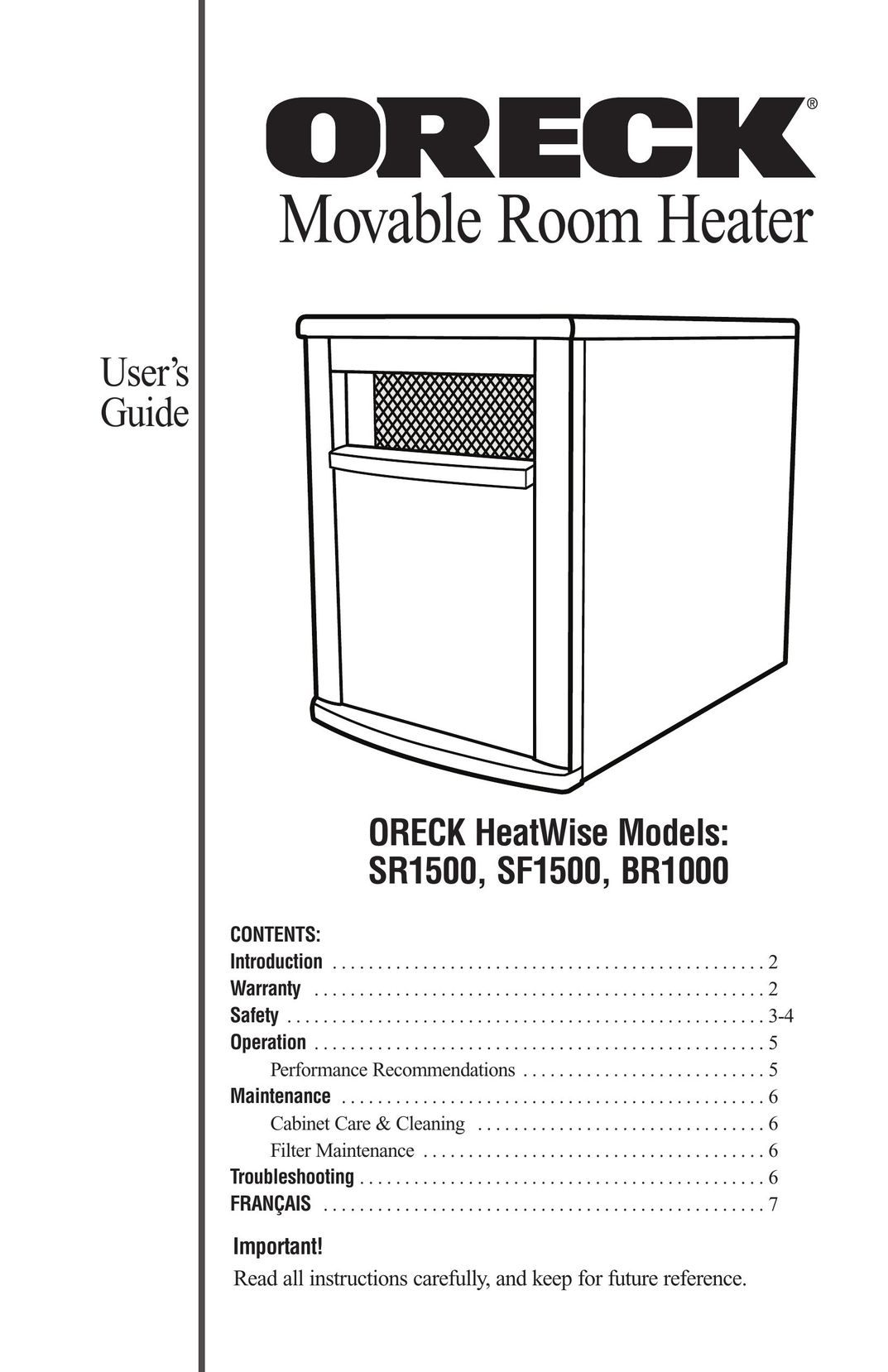 Oreck SR1500 Electric Heater User Manual