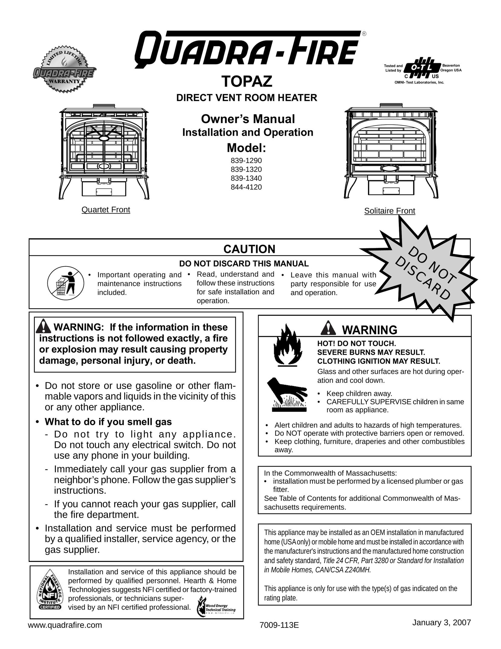 Quadra-Fire 844-4120 Electric Heater User Manual
