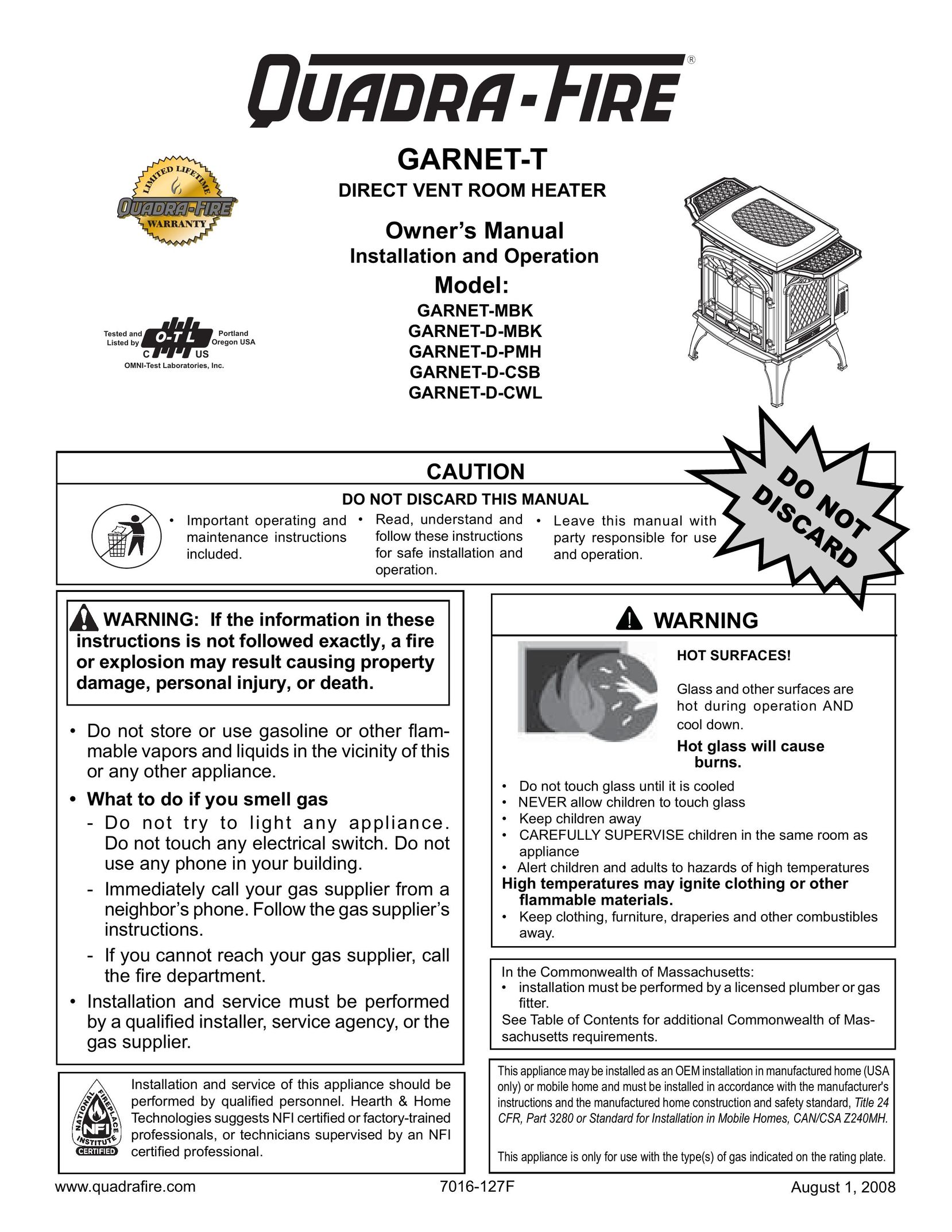 Quadra-Fire GARNET-D-MBK Electric Heater User Manual