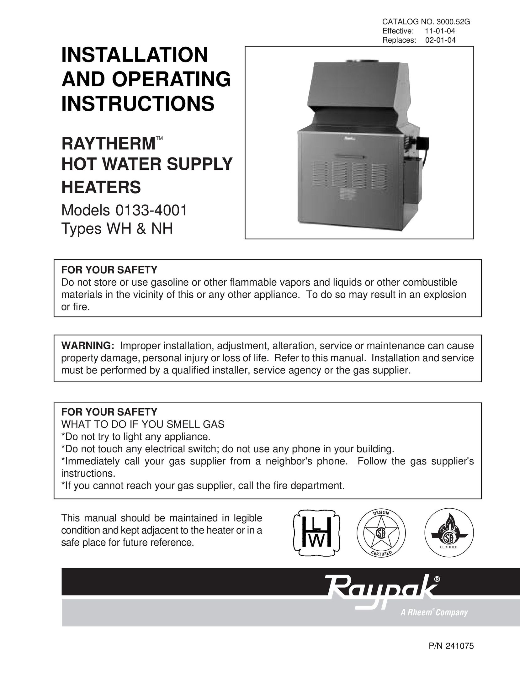 Raypak 0133-4001 WH Electric Heater User Manual