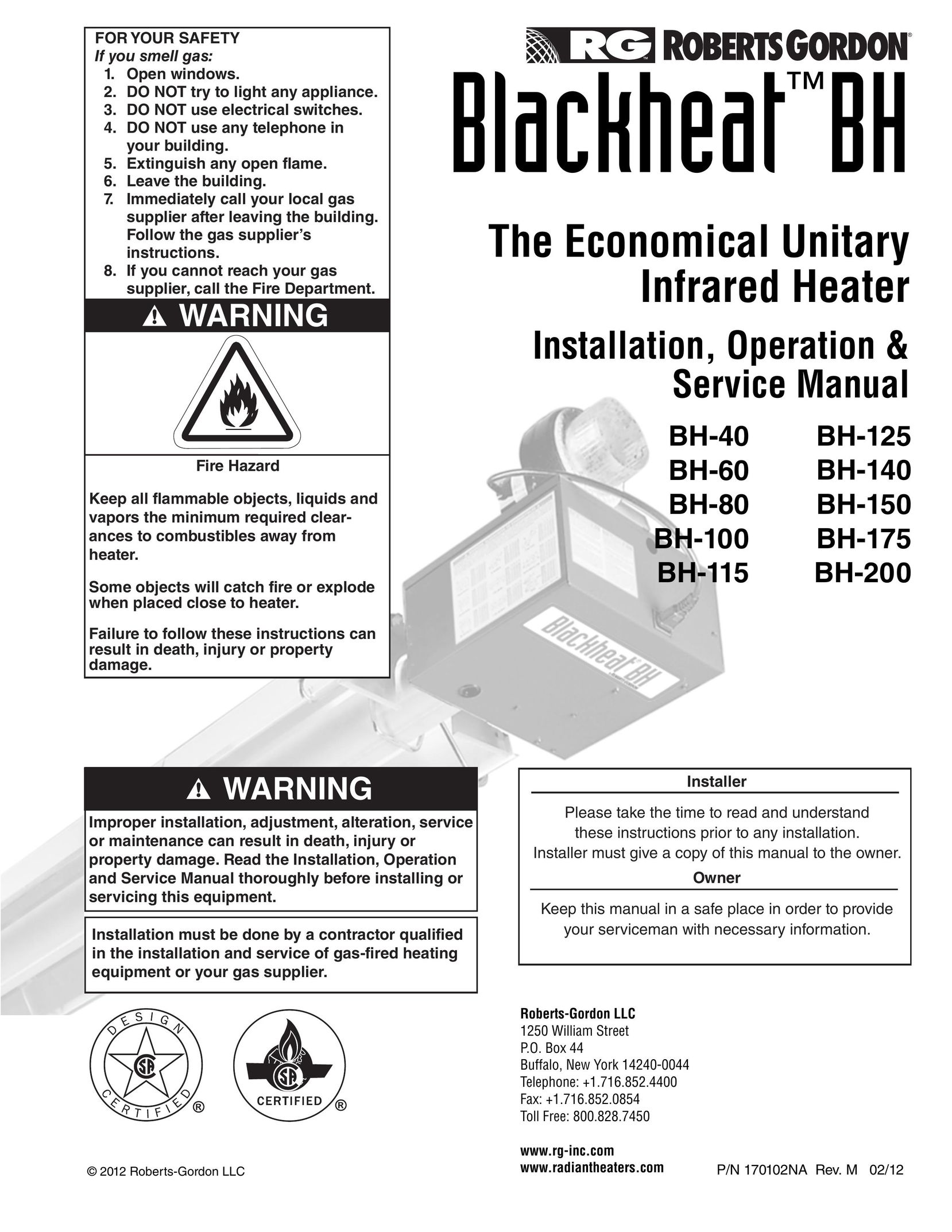 Roberts Gorden BH-200 Electric Heater User Manual