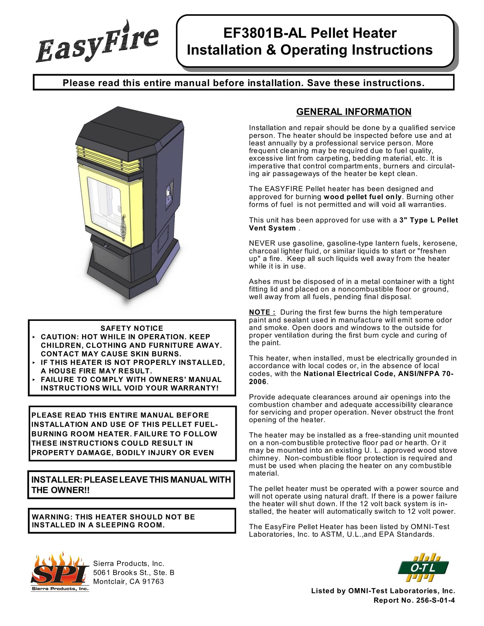 Sierra Products EF-3801B-AL Electric Heater User Manual