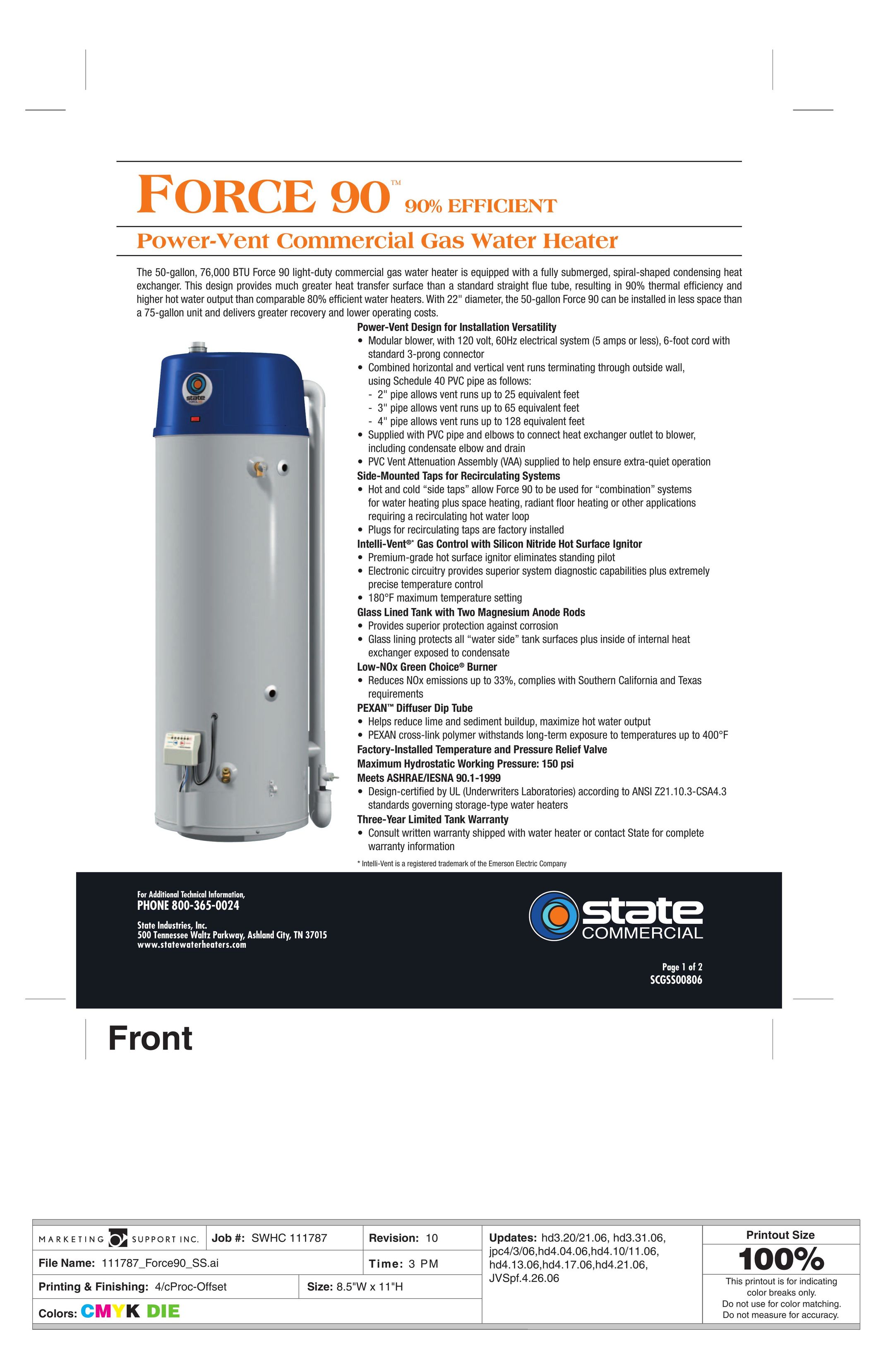 State Industries FORCE 90TM Electric Heater User Manual