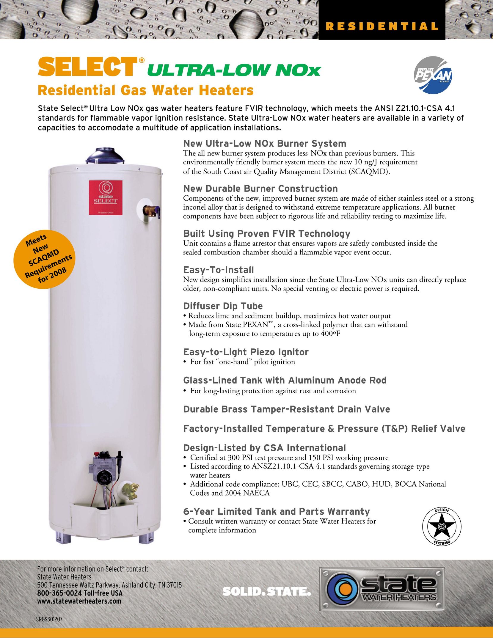 State Industries Residential Gas Water Heaters Electric Heater User Manual