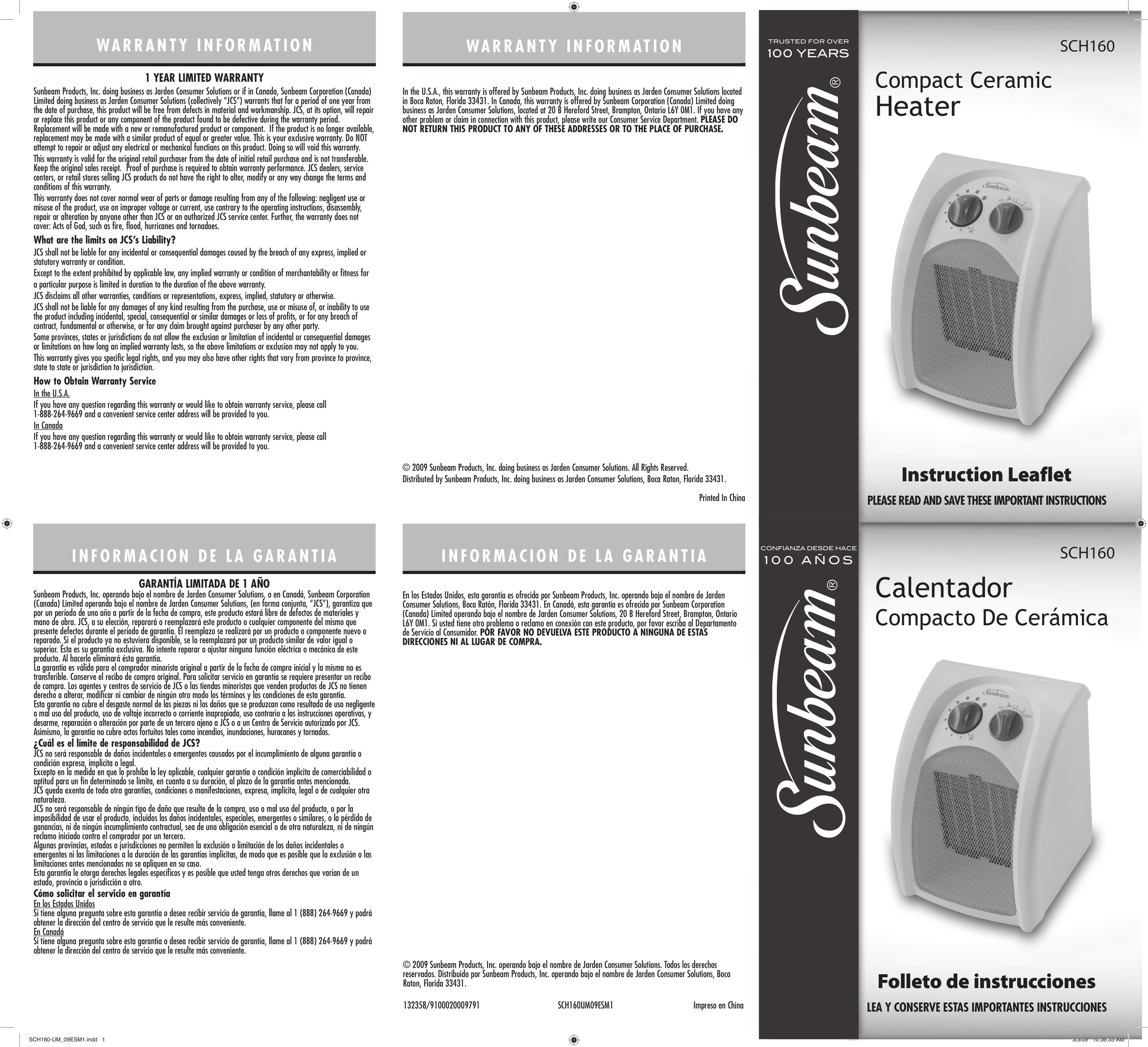 Sunbeam SCH160 Electric Heater User Manual