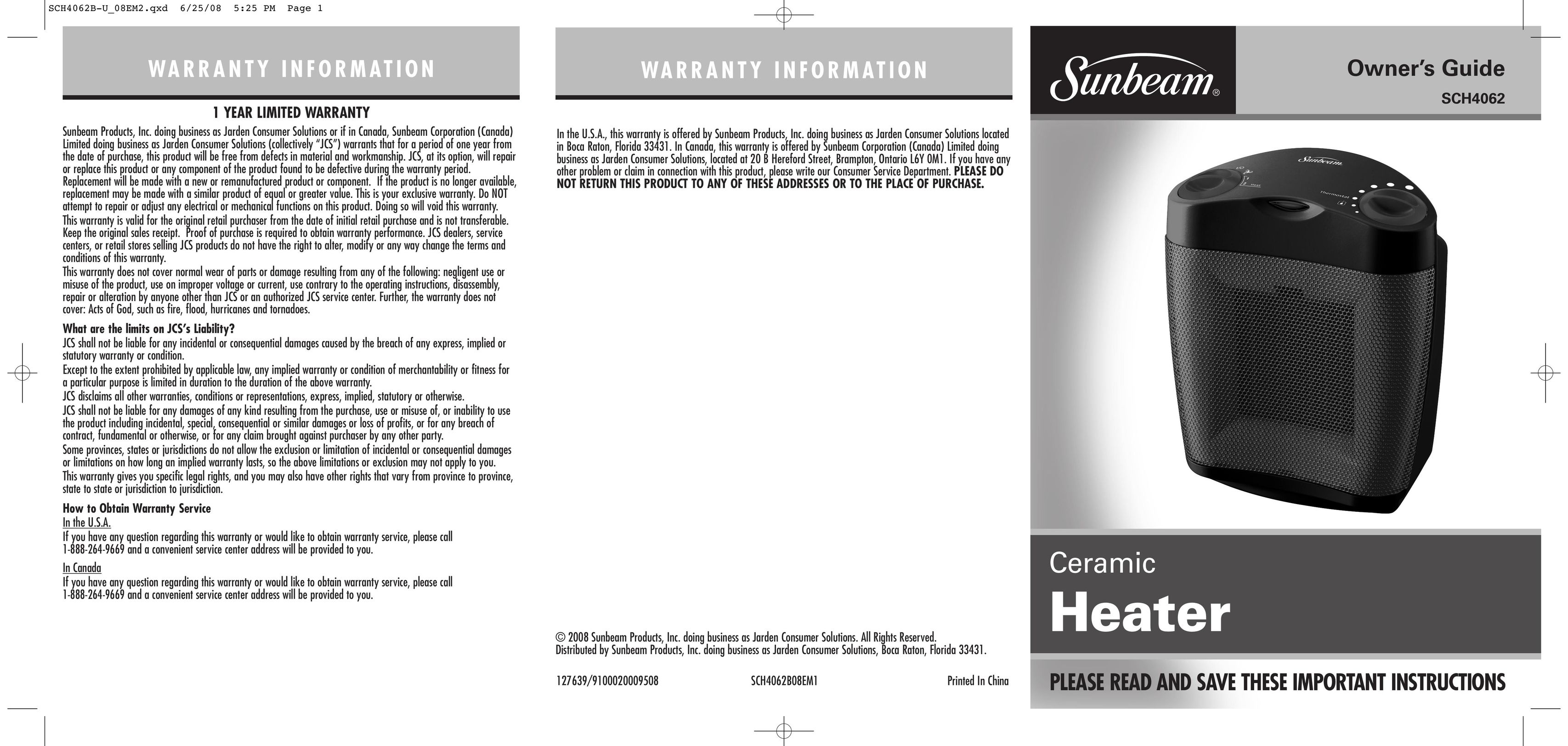 Sunbeam SCH4062B-U Electric Heater User Manual