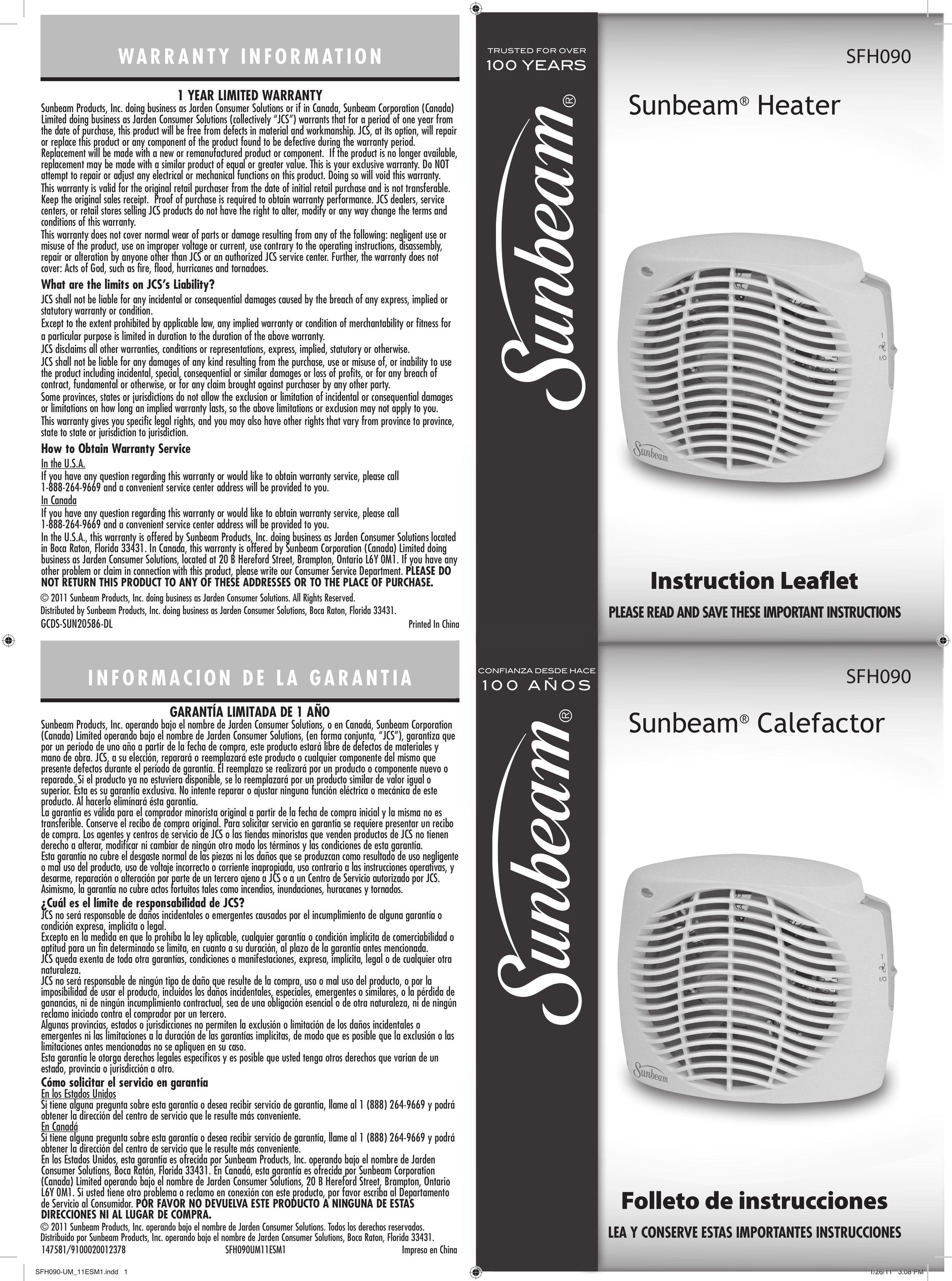 Sunbeam SFH090 Electric Heater User Manual
