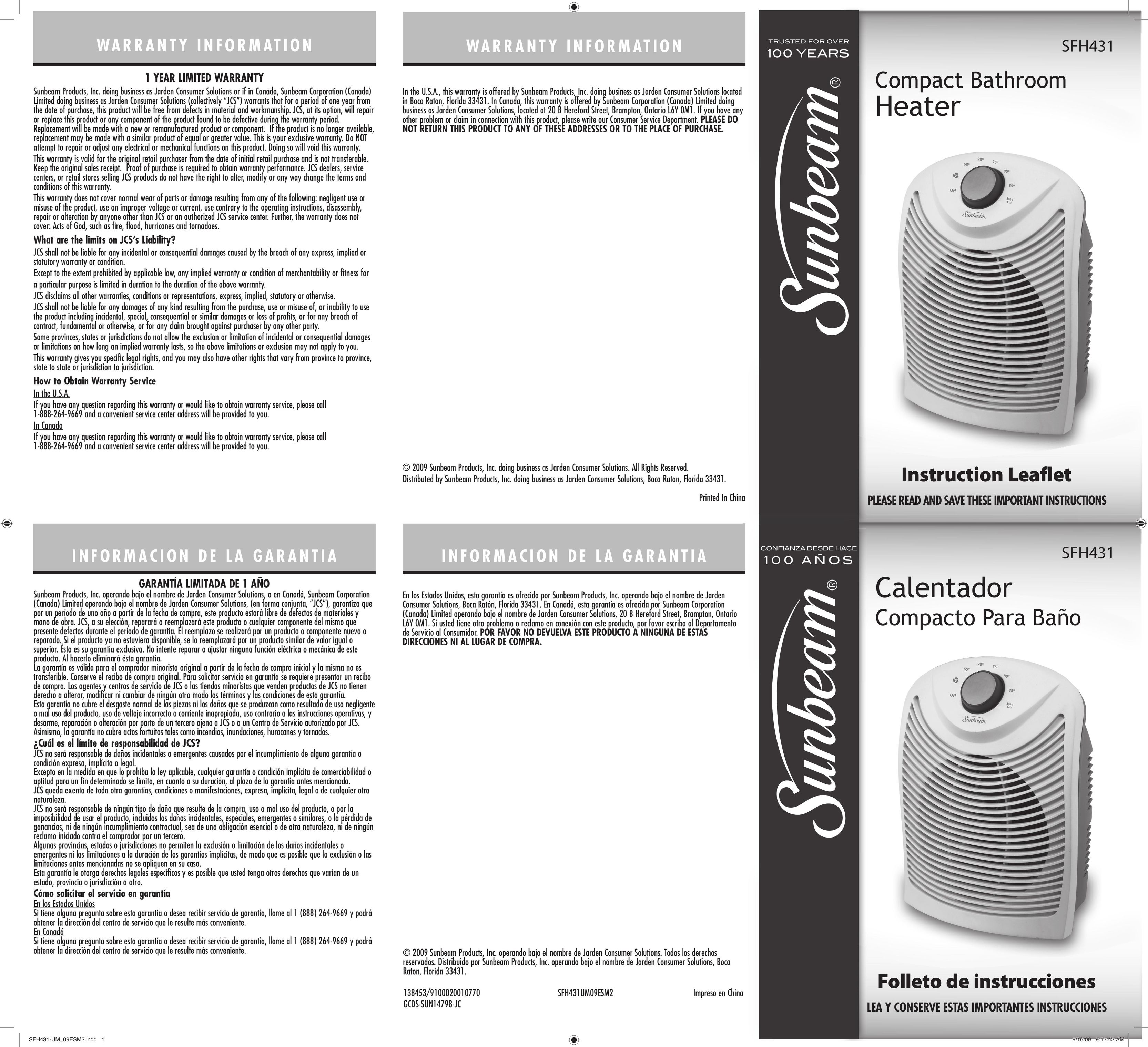 Sunbeam sfh431 Electric Heater User Manual