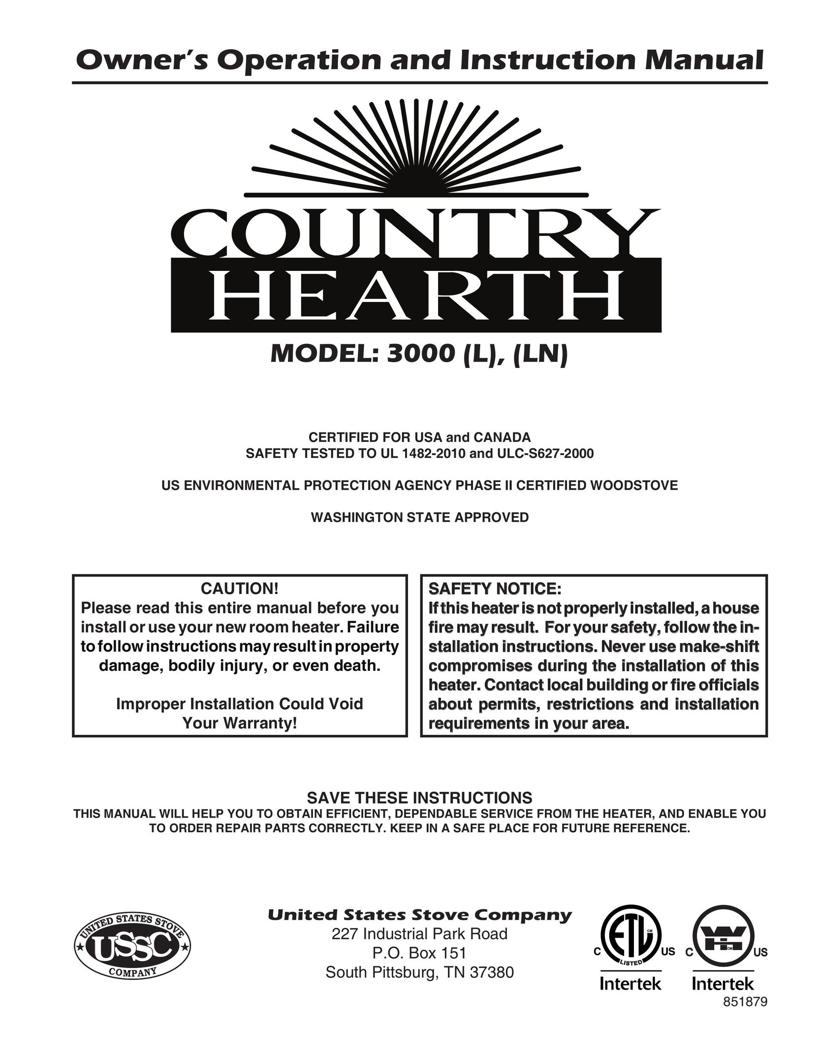 United States Stove 3000 (L) Electric Heater User Manual