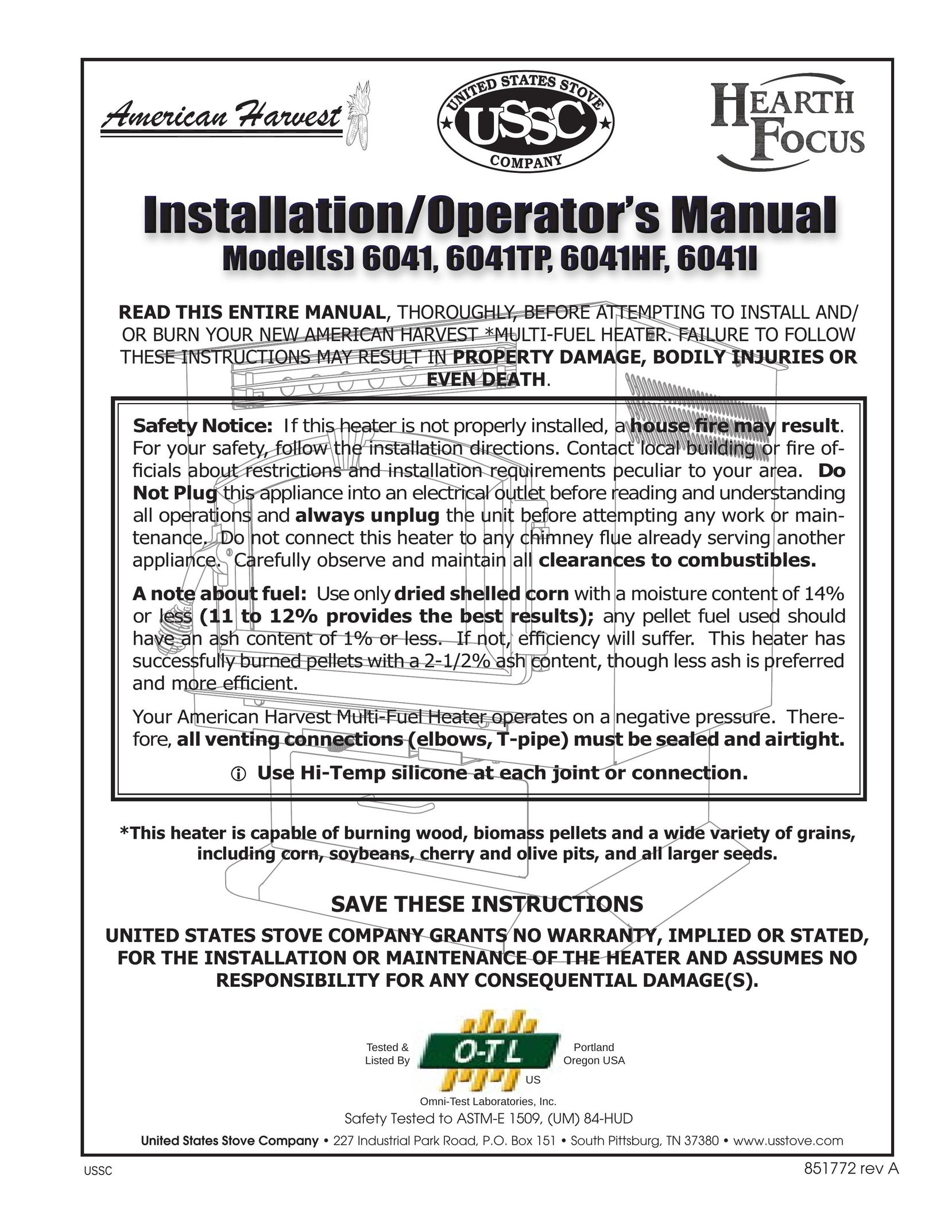 United States Stove 6041TP Electric Heater User Manual