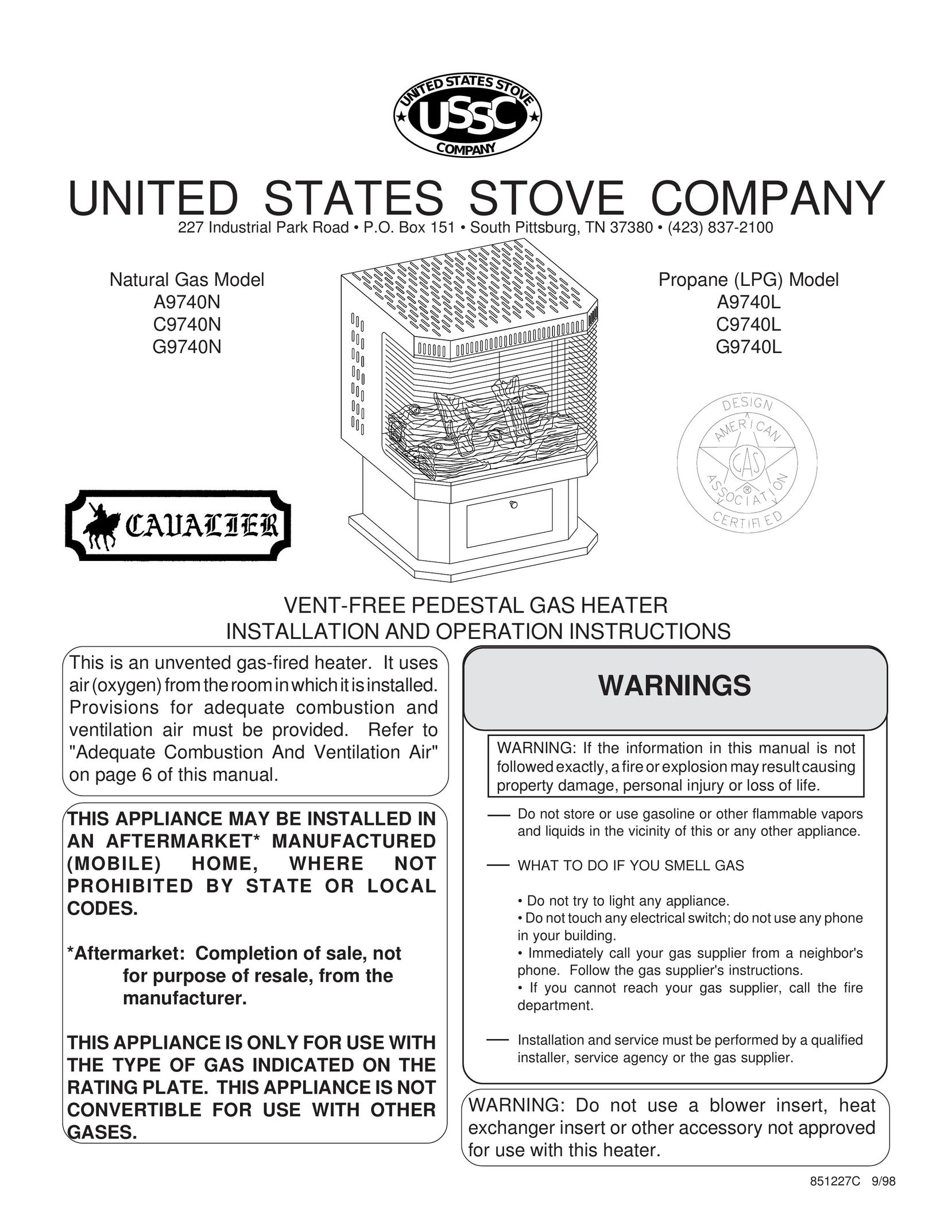 United States Stove A9740L Electric Heater User Manual