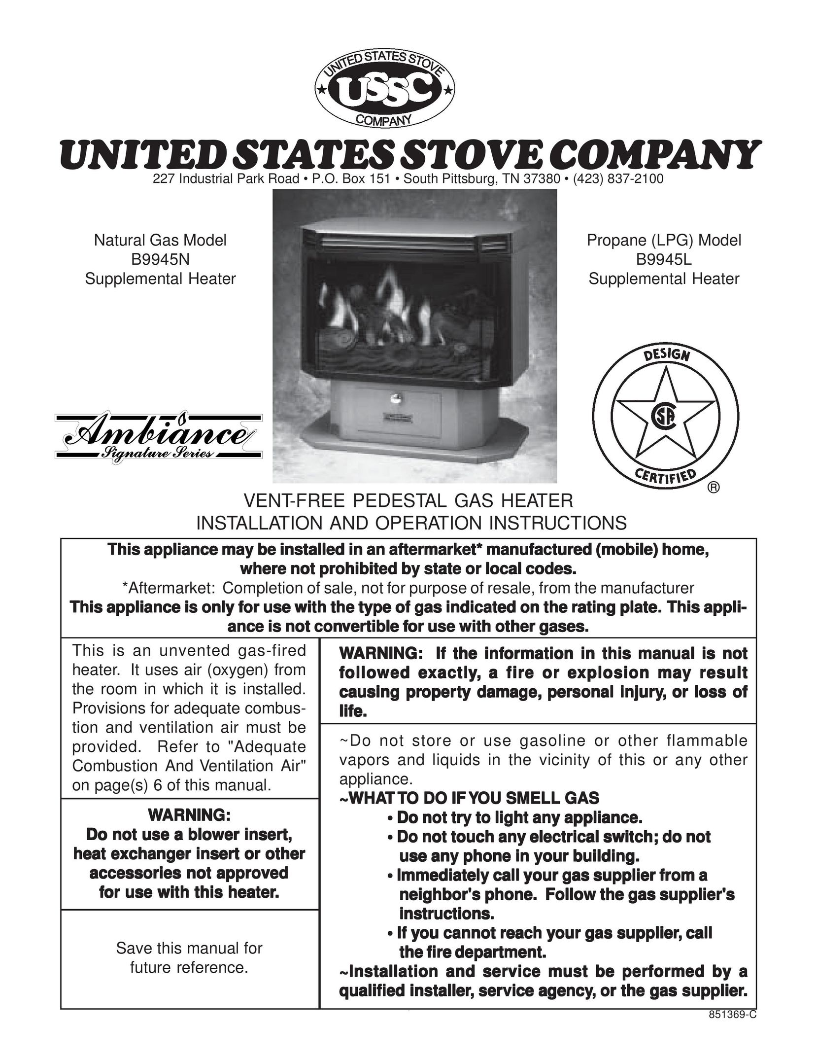 United States Stove B9945N Electric Heater User Manual