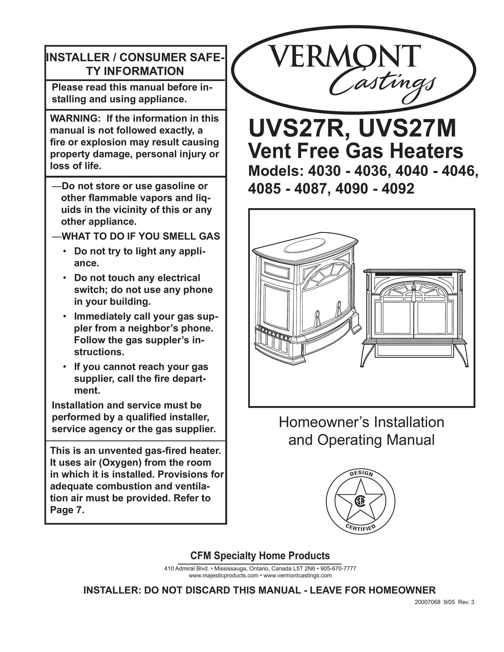 Vermont Casting 4085 - 4087 Electric Heater User Manual