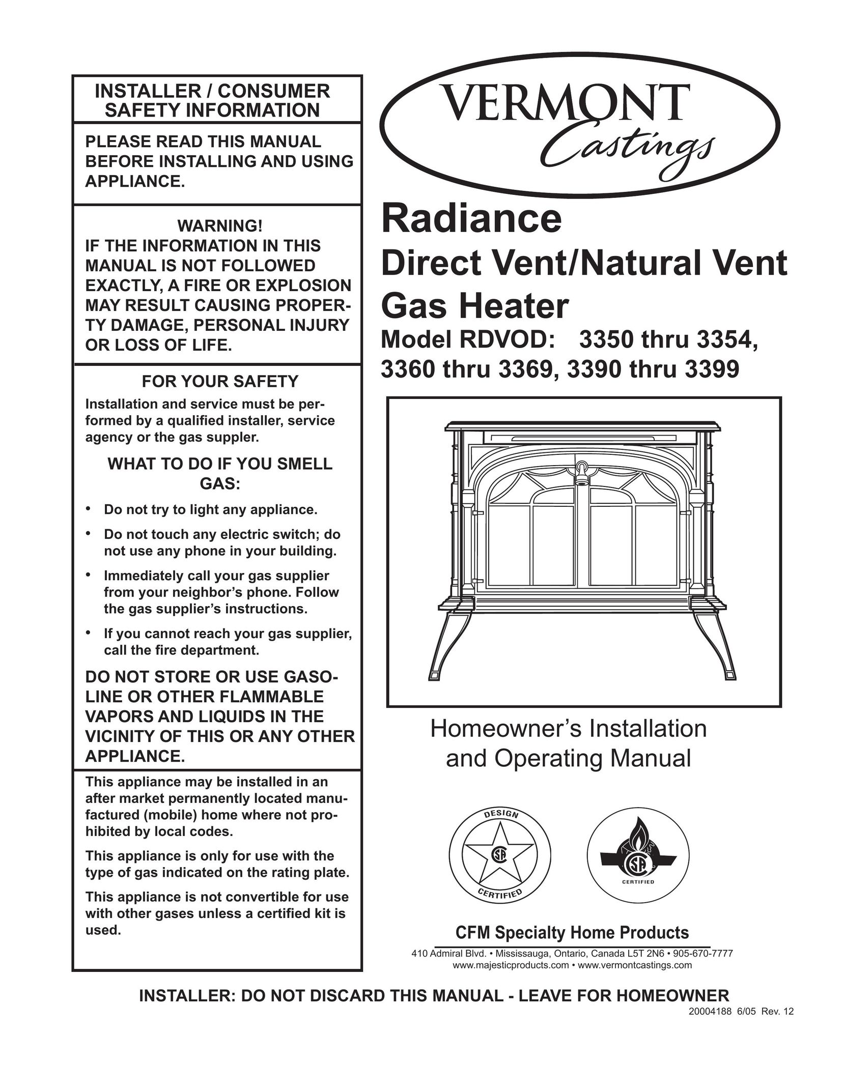 Vermont Casting RDVOD 3369 Electric Heater User Manual