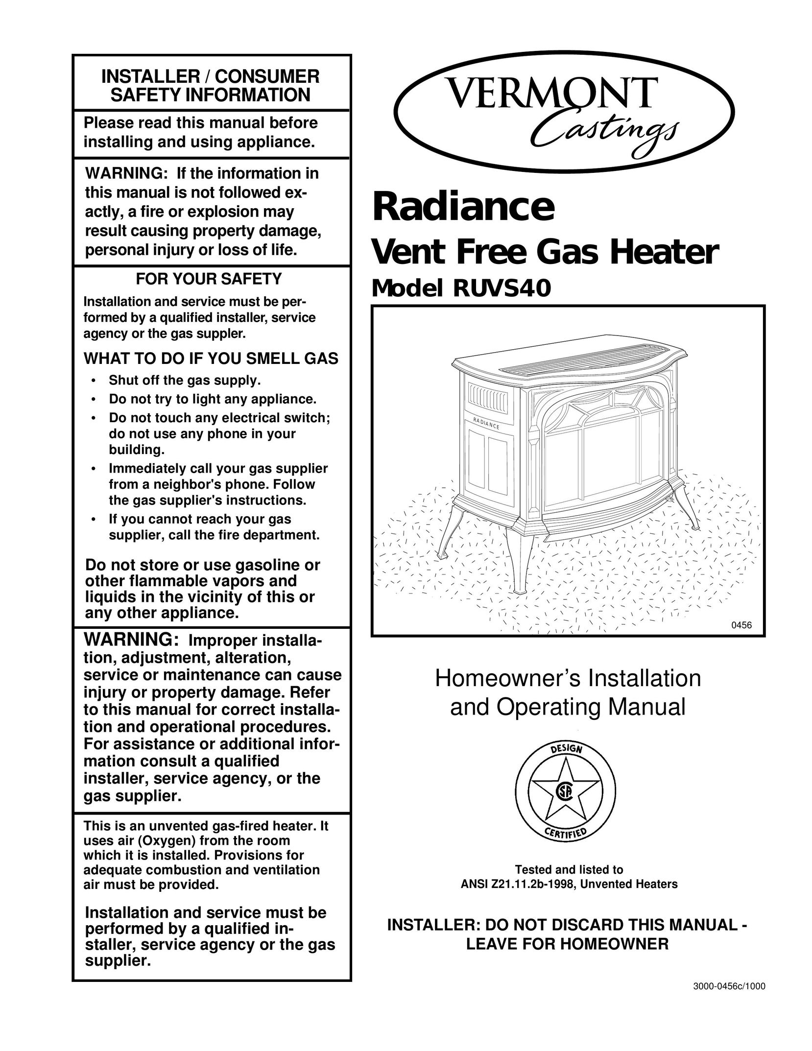 Vermont Casting RUVS40 Electric Heater User Manual
