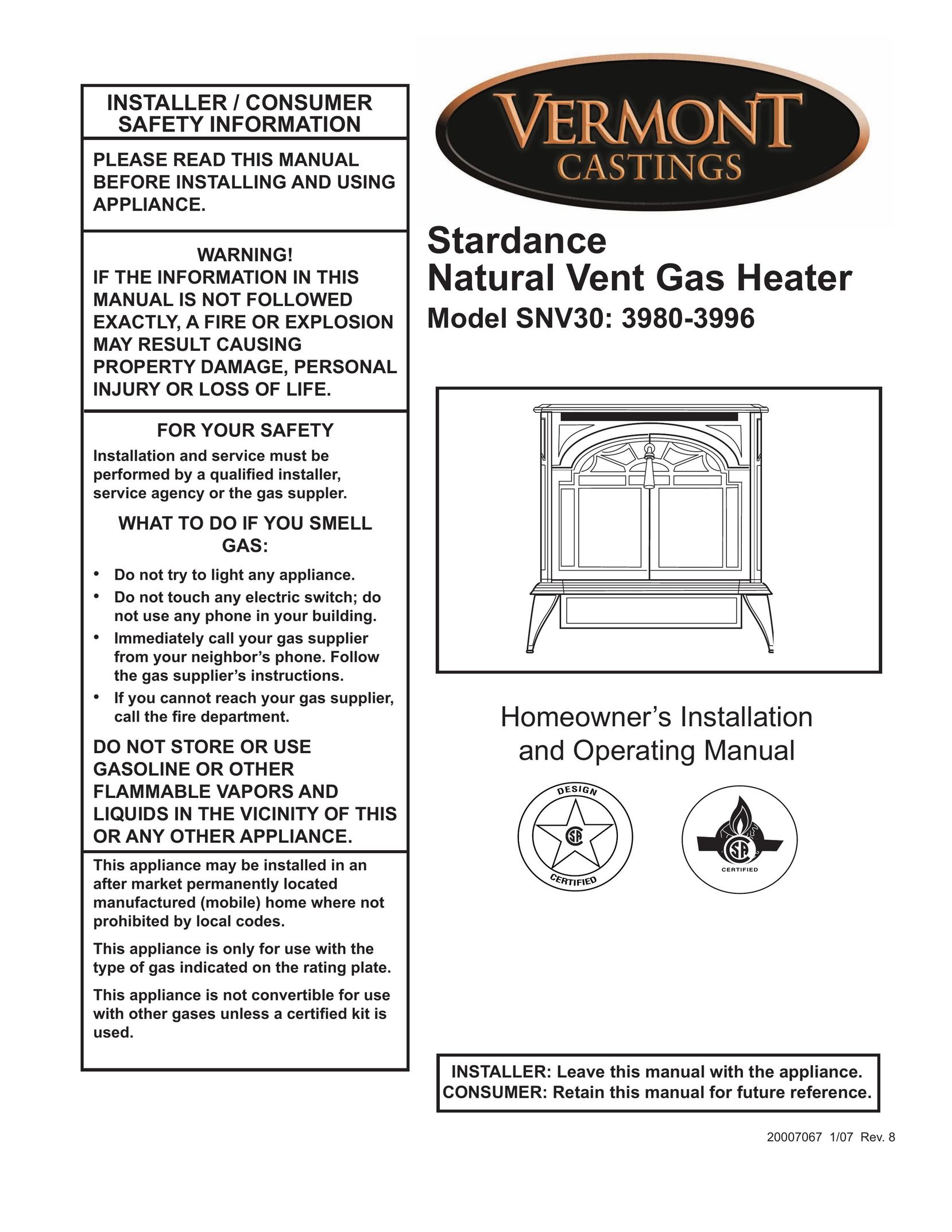 Vermont Casting SNV30 Electric Heater User Manual