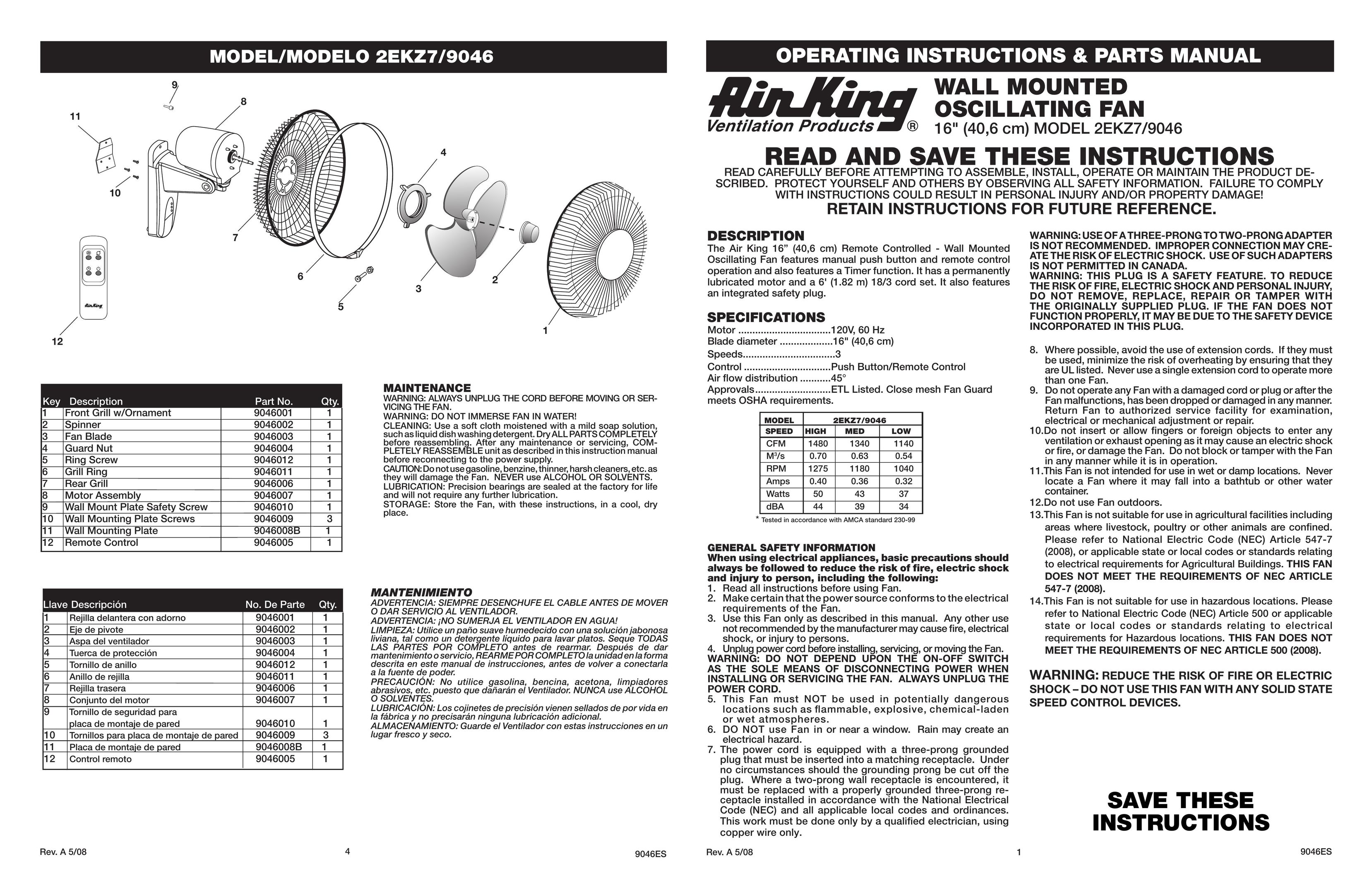 Air King 2EKZ7 Fan User Manual
