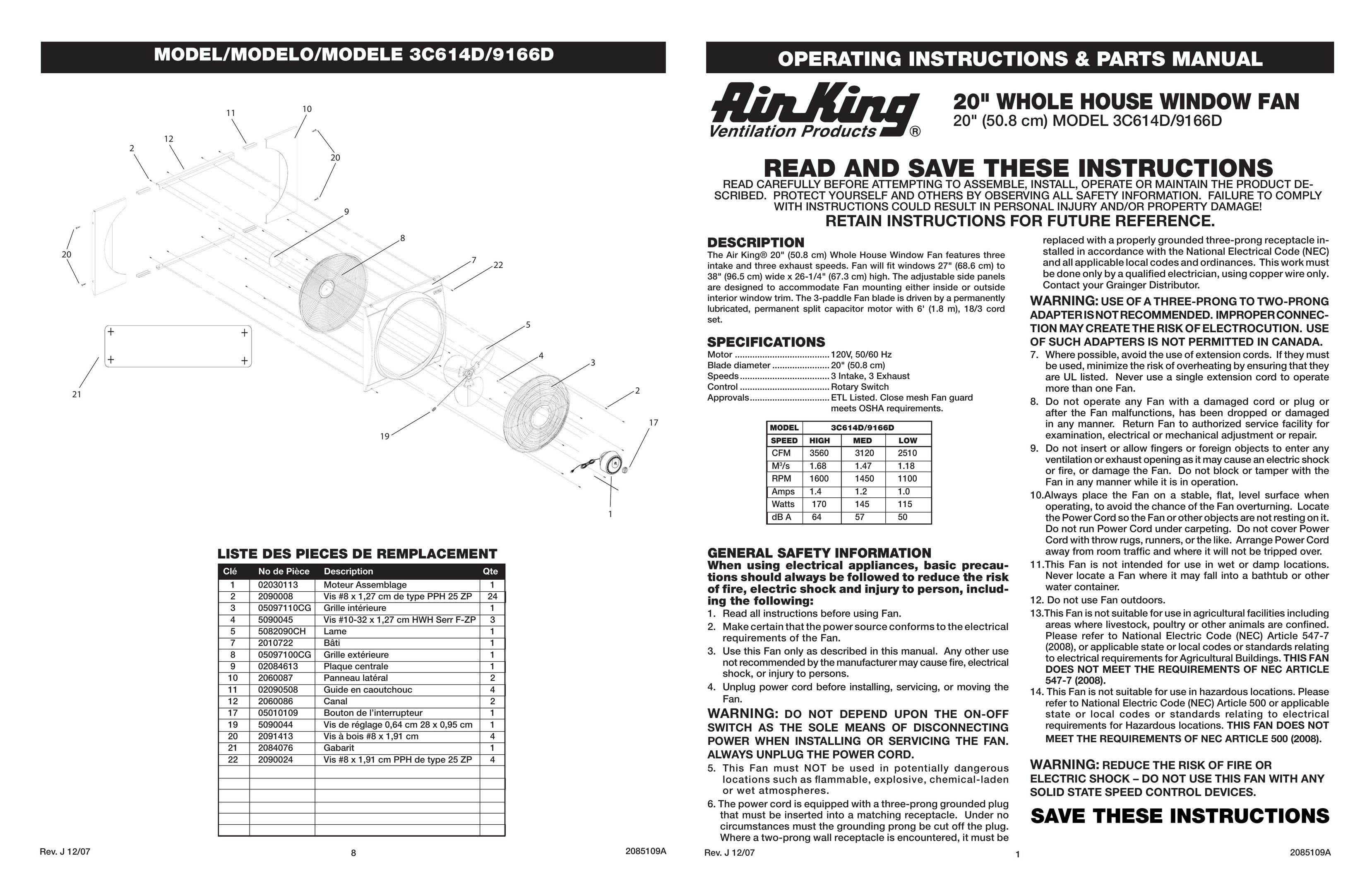 Air King 3C614D Fan User Manual