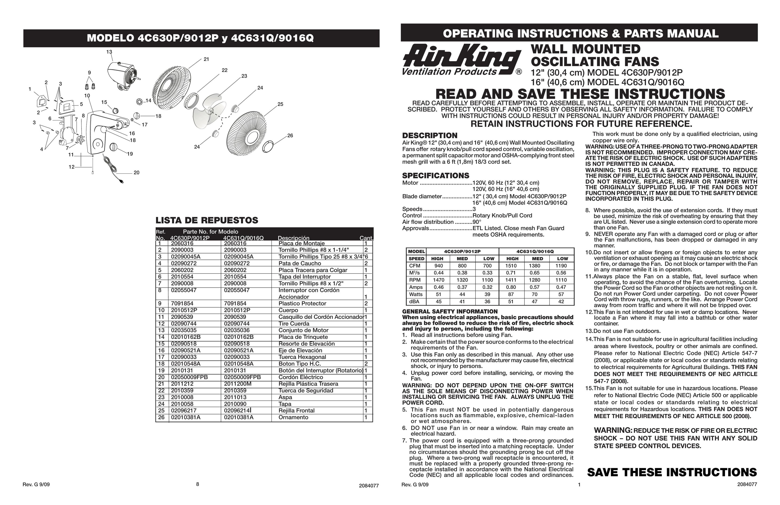 Air King 4C630P/9012P Fan User Manual