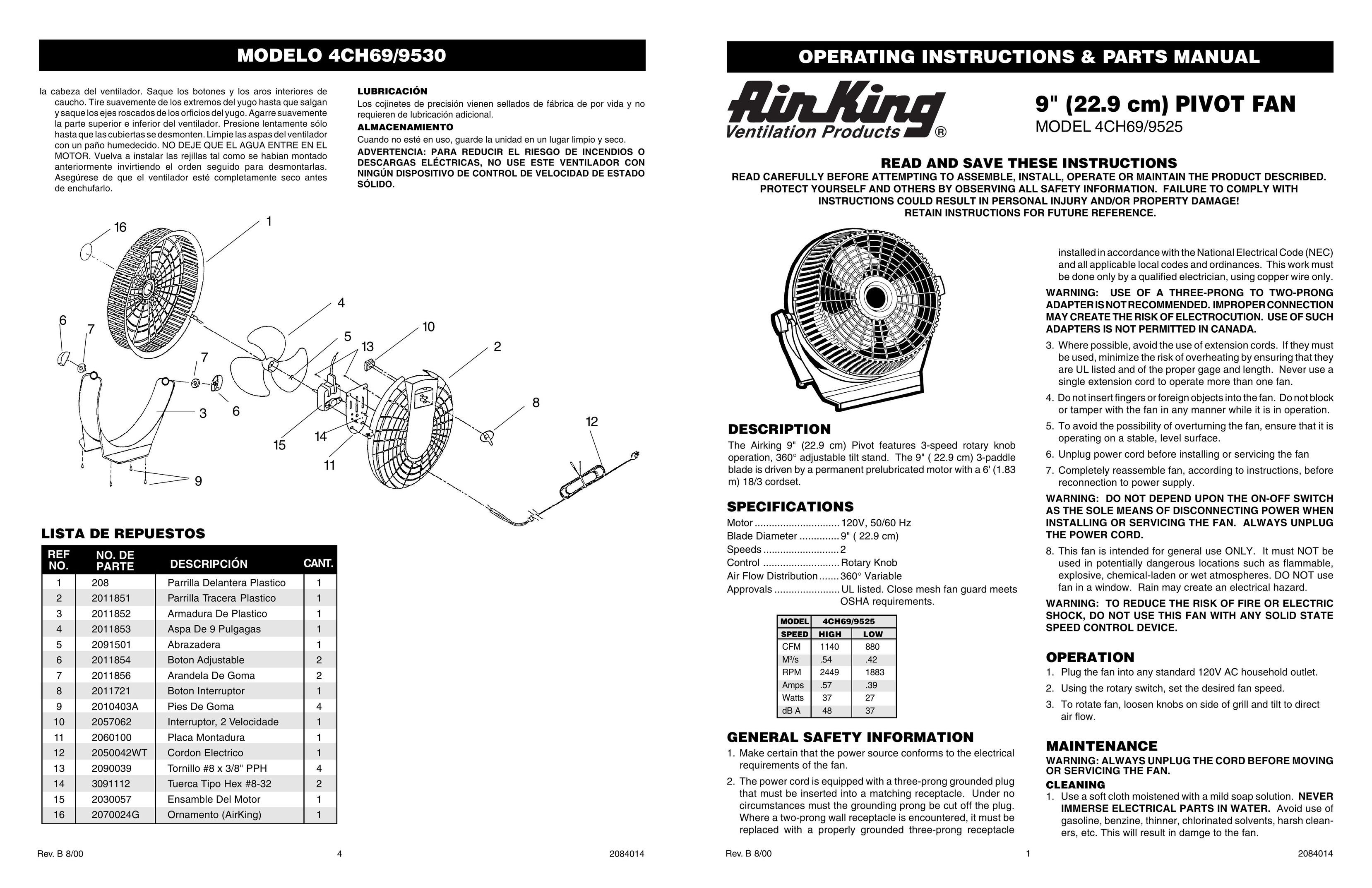 Air King 4CH69/9525 Fan User Manual