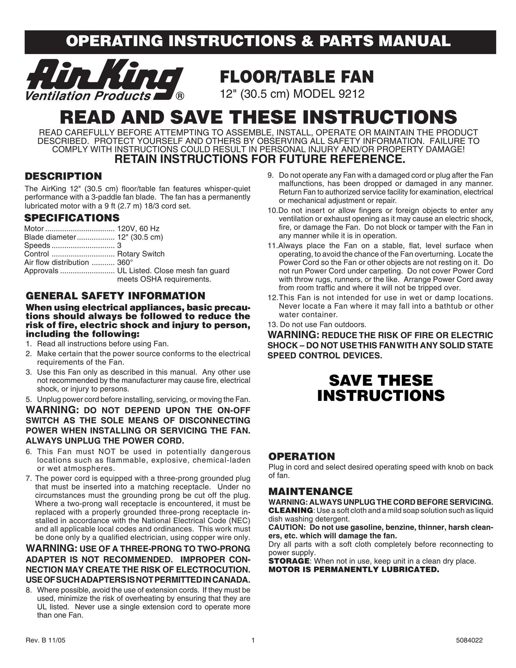 Air King 9212 Fan User Manual