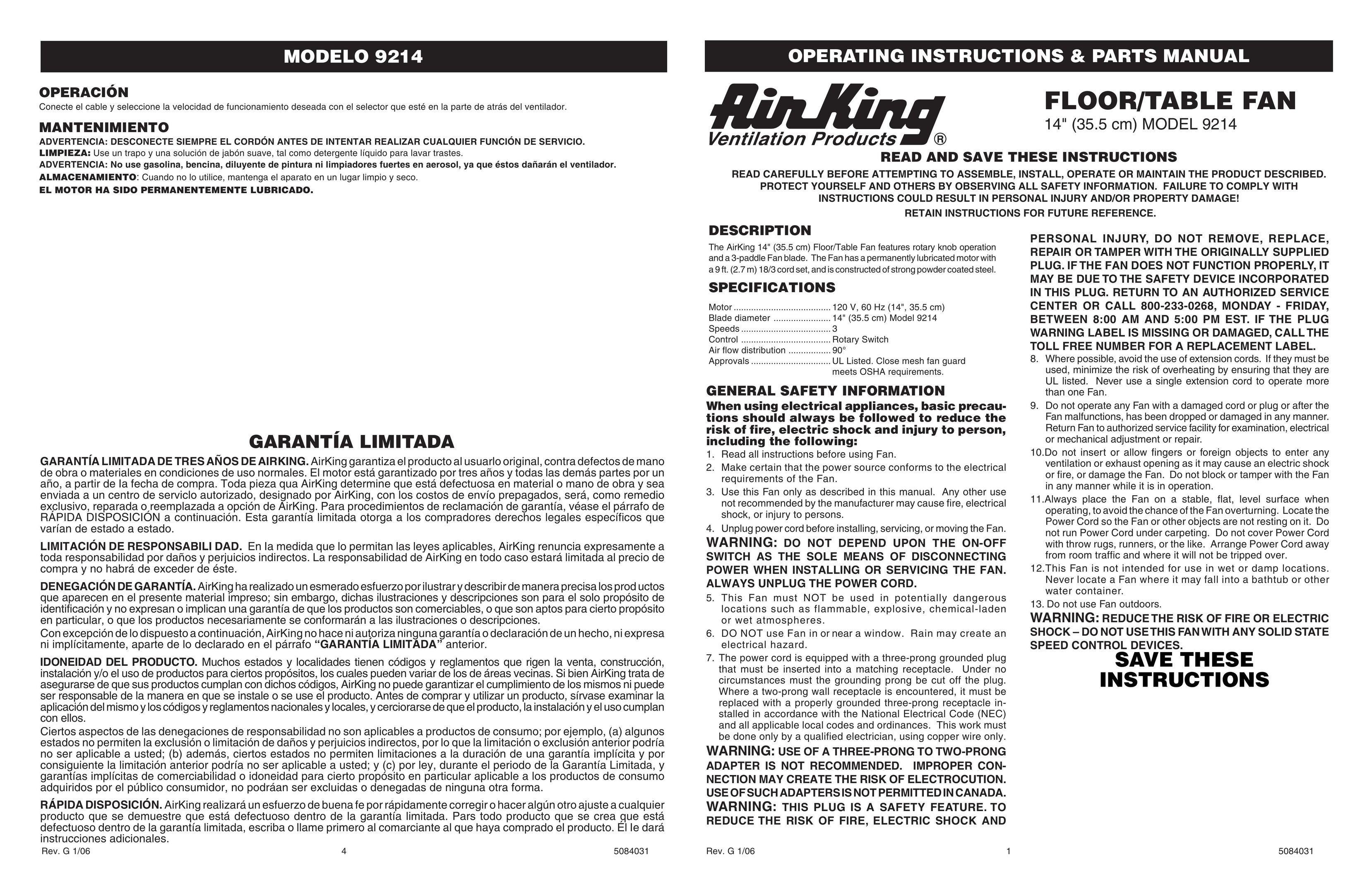 Air King 9214 Fan User Manual