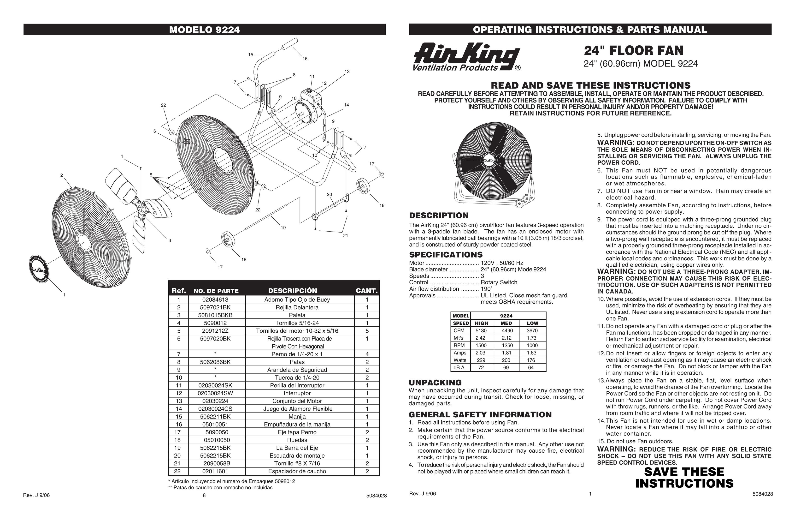 Air King 9224 Fan User Manual