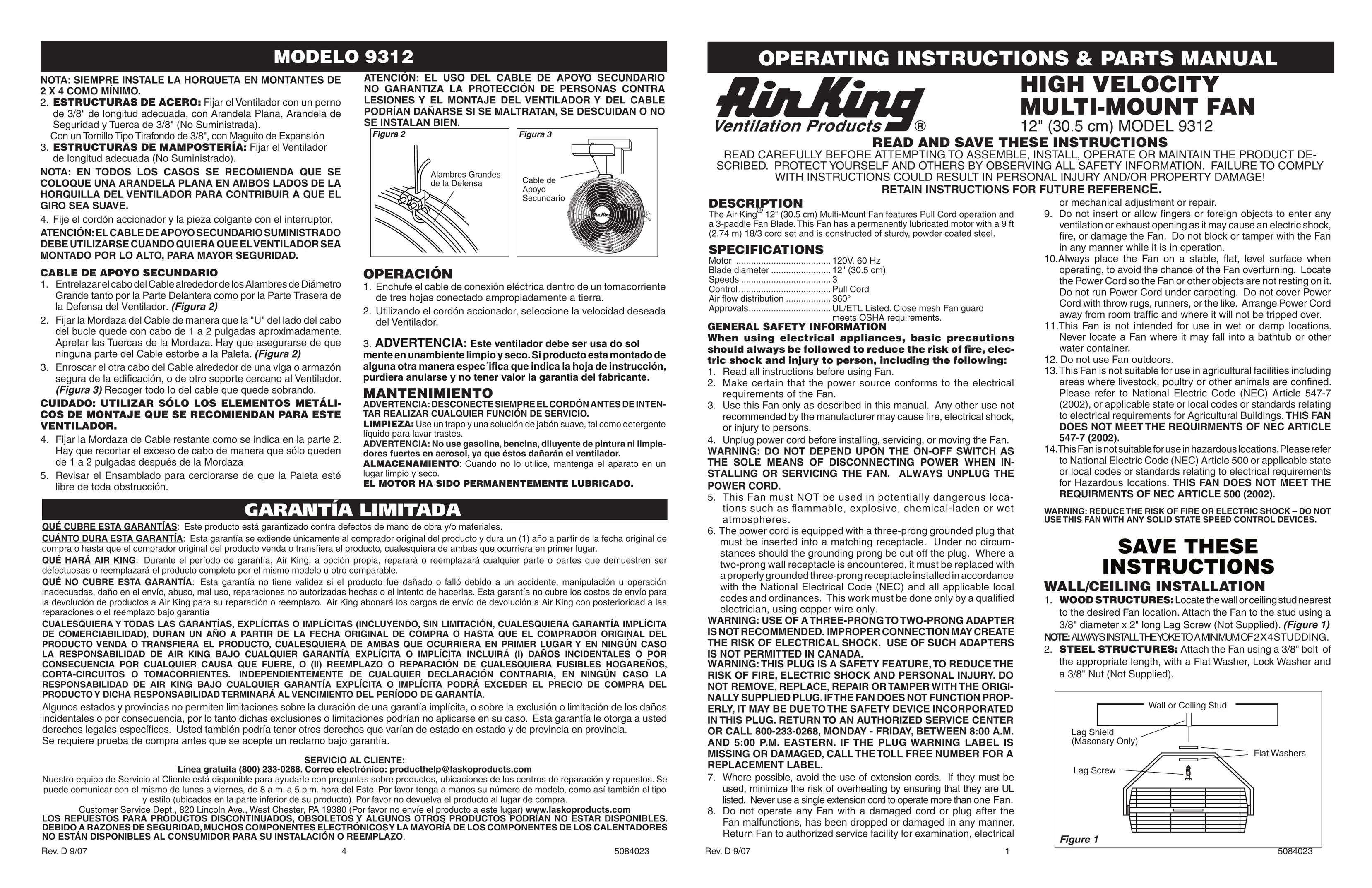 Air King 9312 Fan User Manual