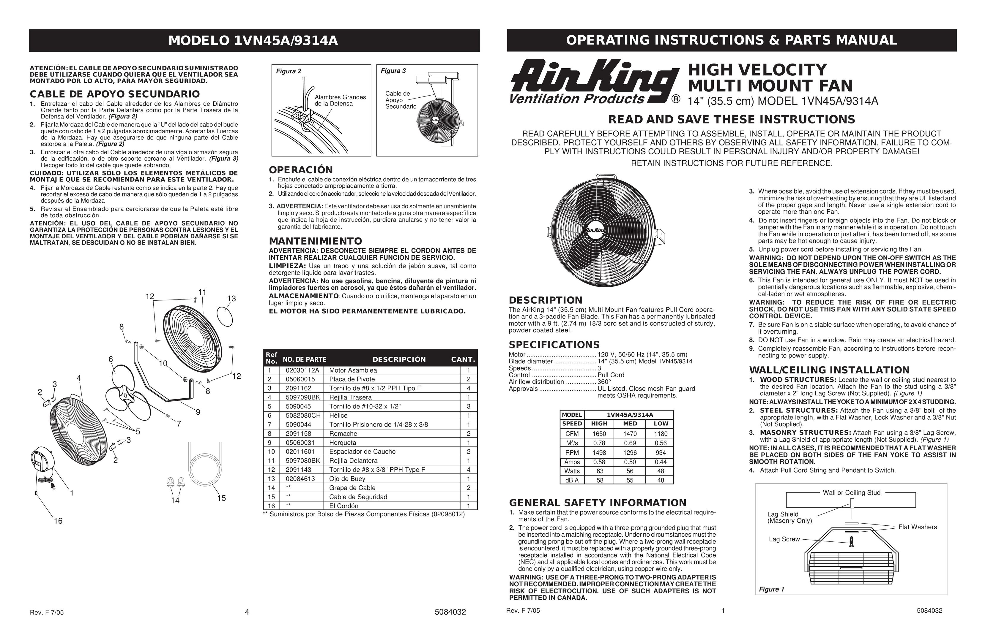 Air King 9314 Fan User Manual