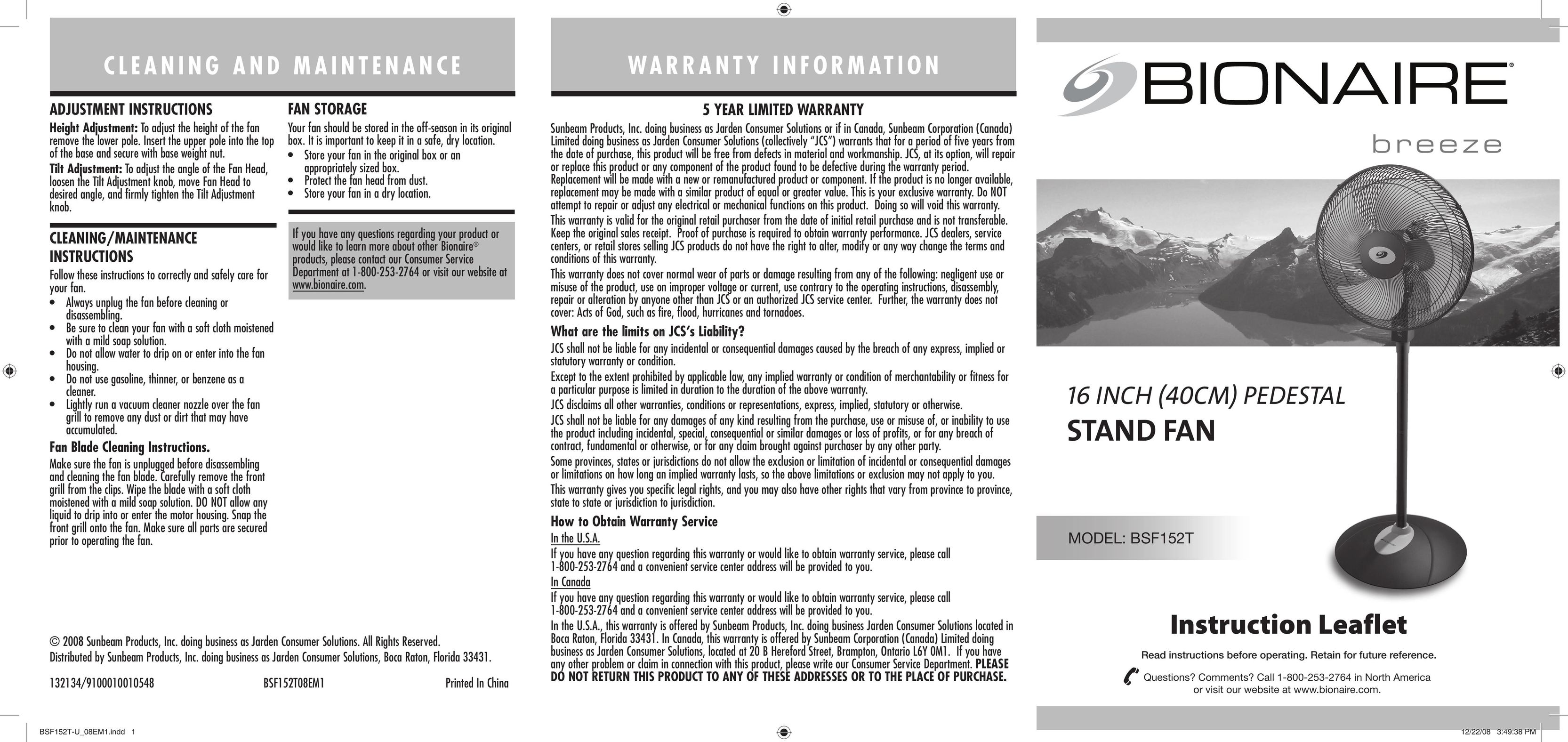 Bionaire BSF152T Fan User Manual