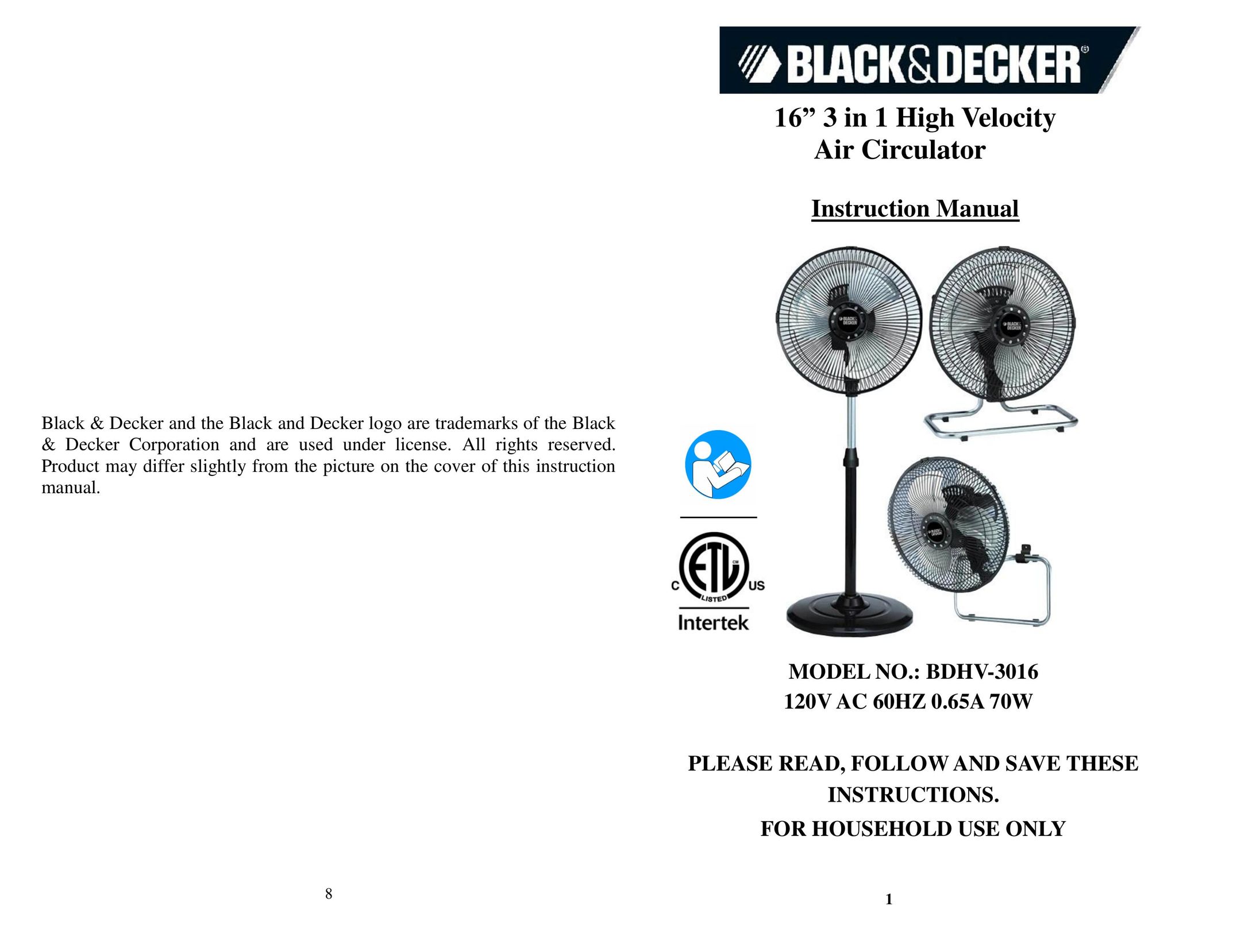 Black & Decker BDHV3016 Fan User Manual
