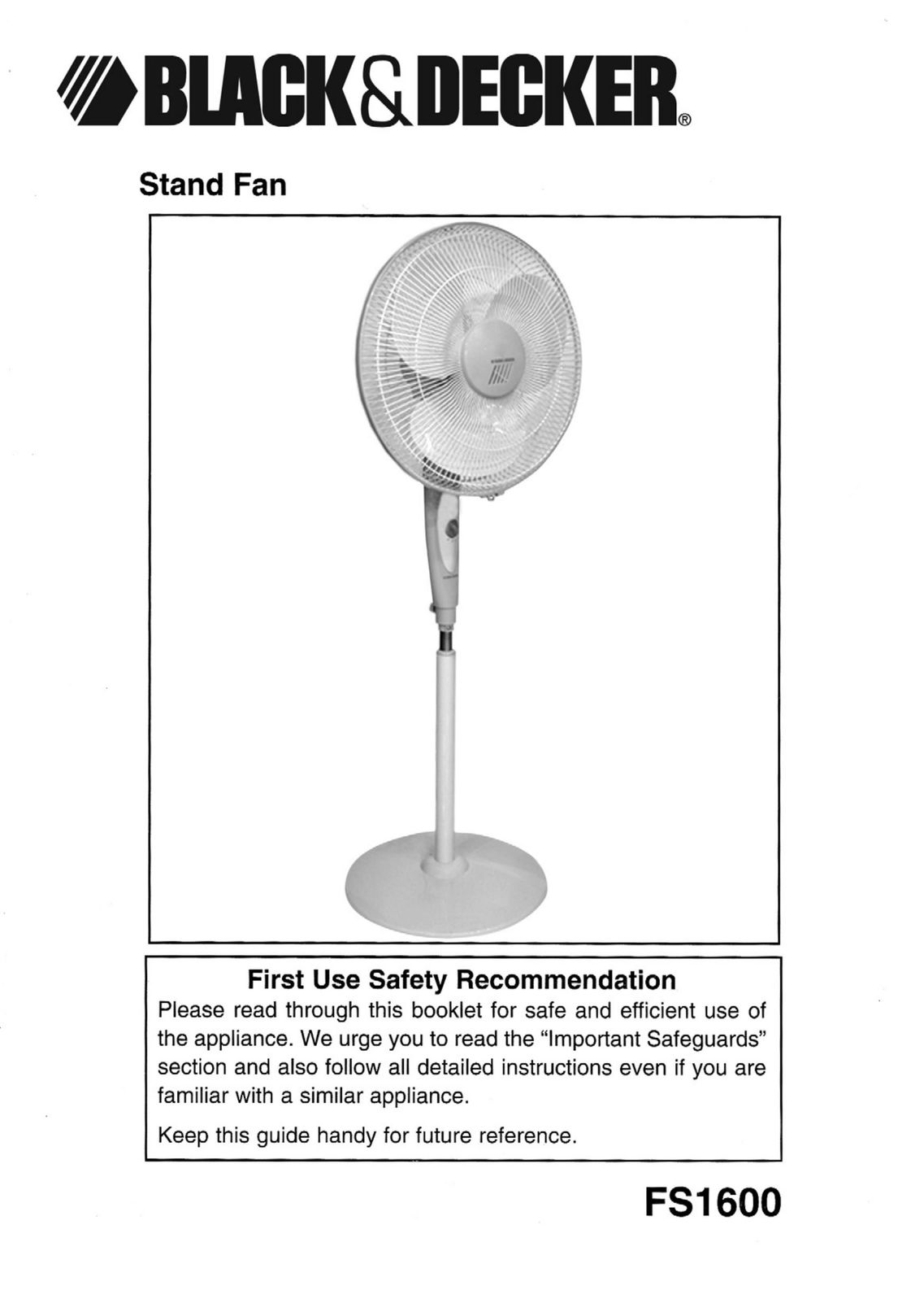 Black & Decker FS1600 Fan User Manual