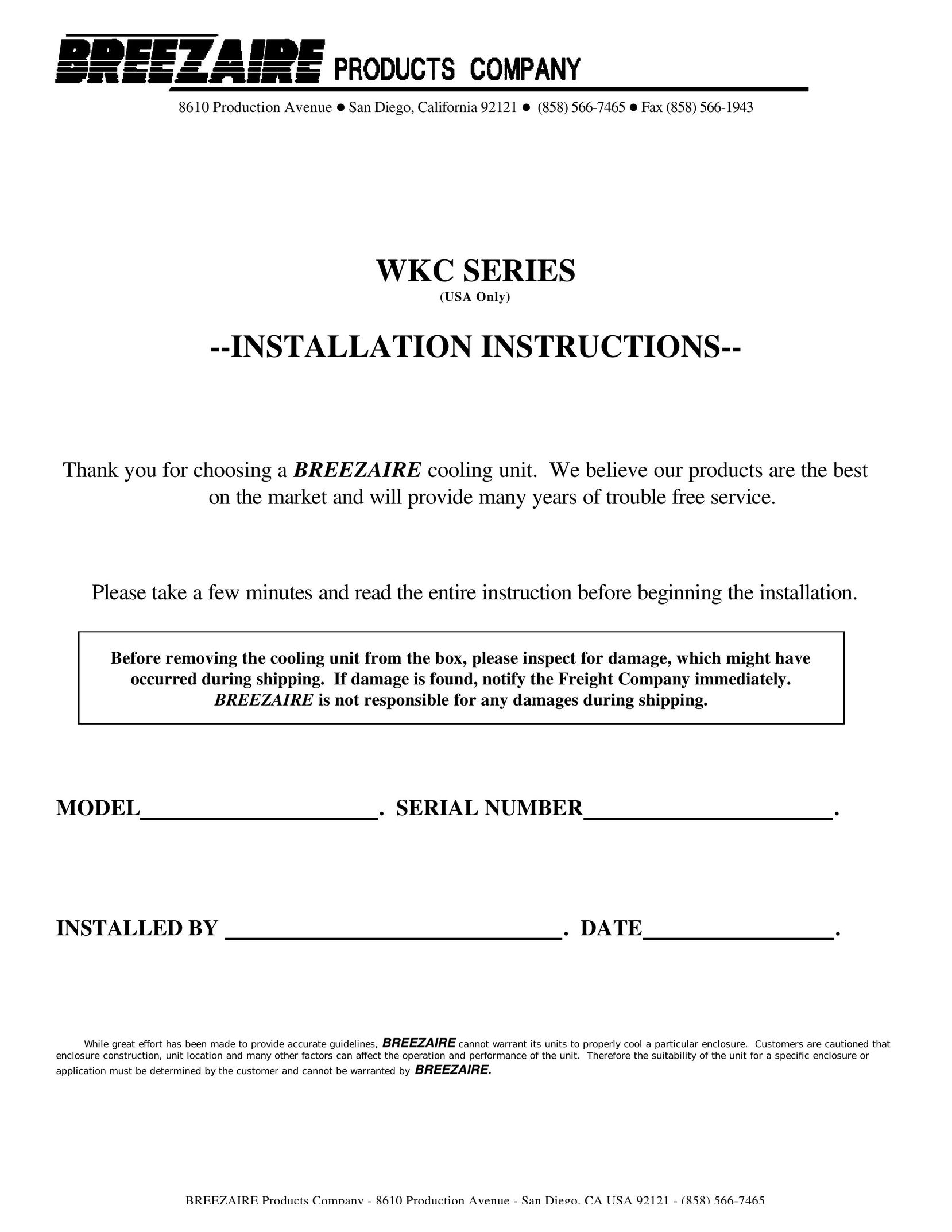 Breezaire WKC Series Fan User Manual