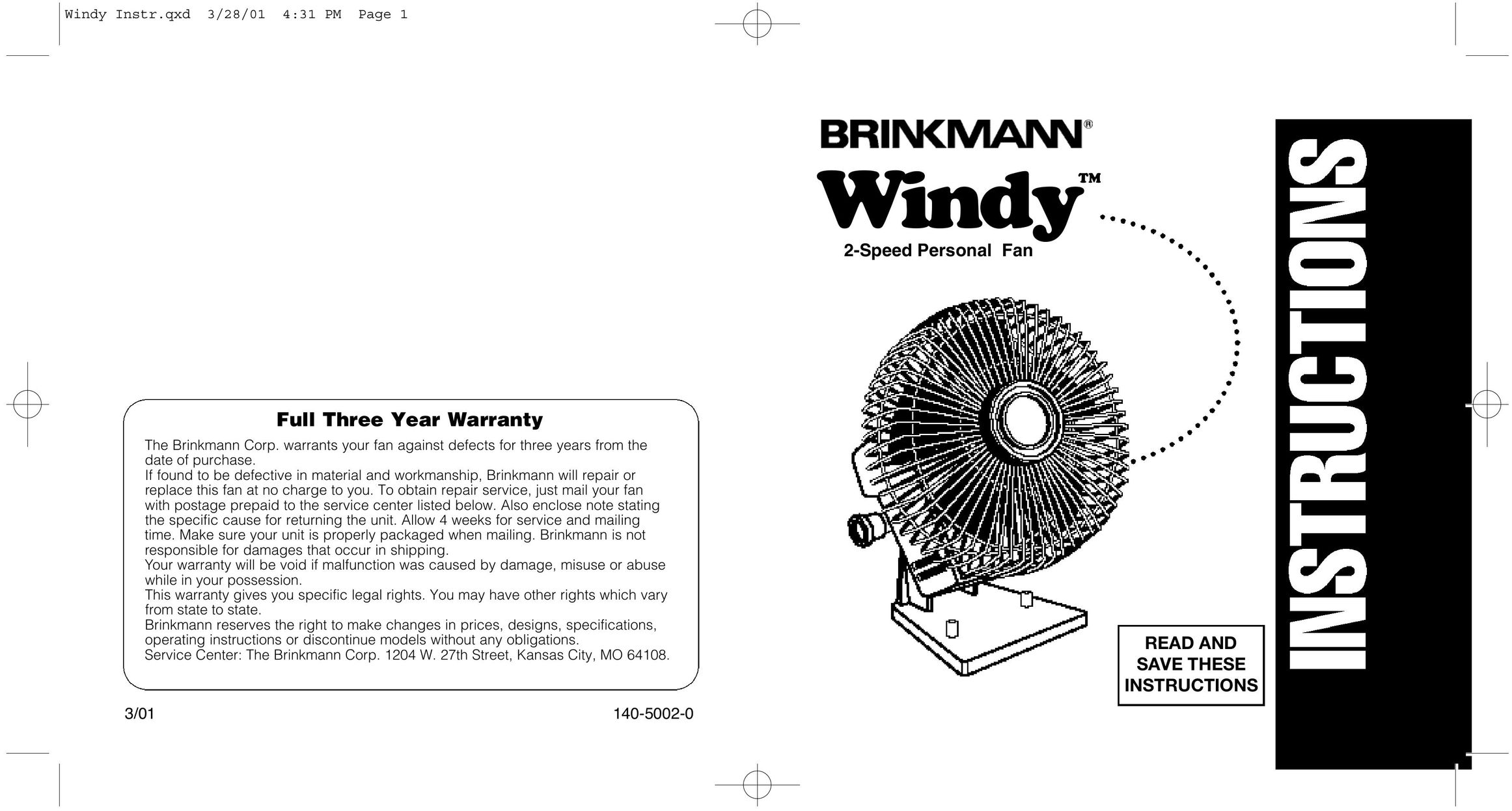 Brinkmann Personal Fan Fan User Manual
