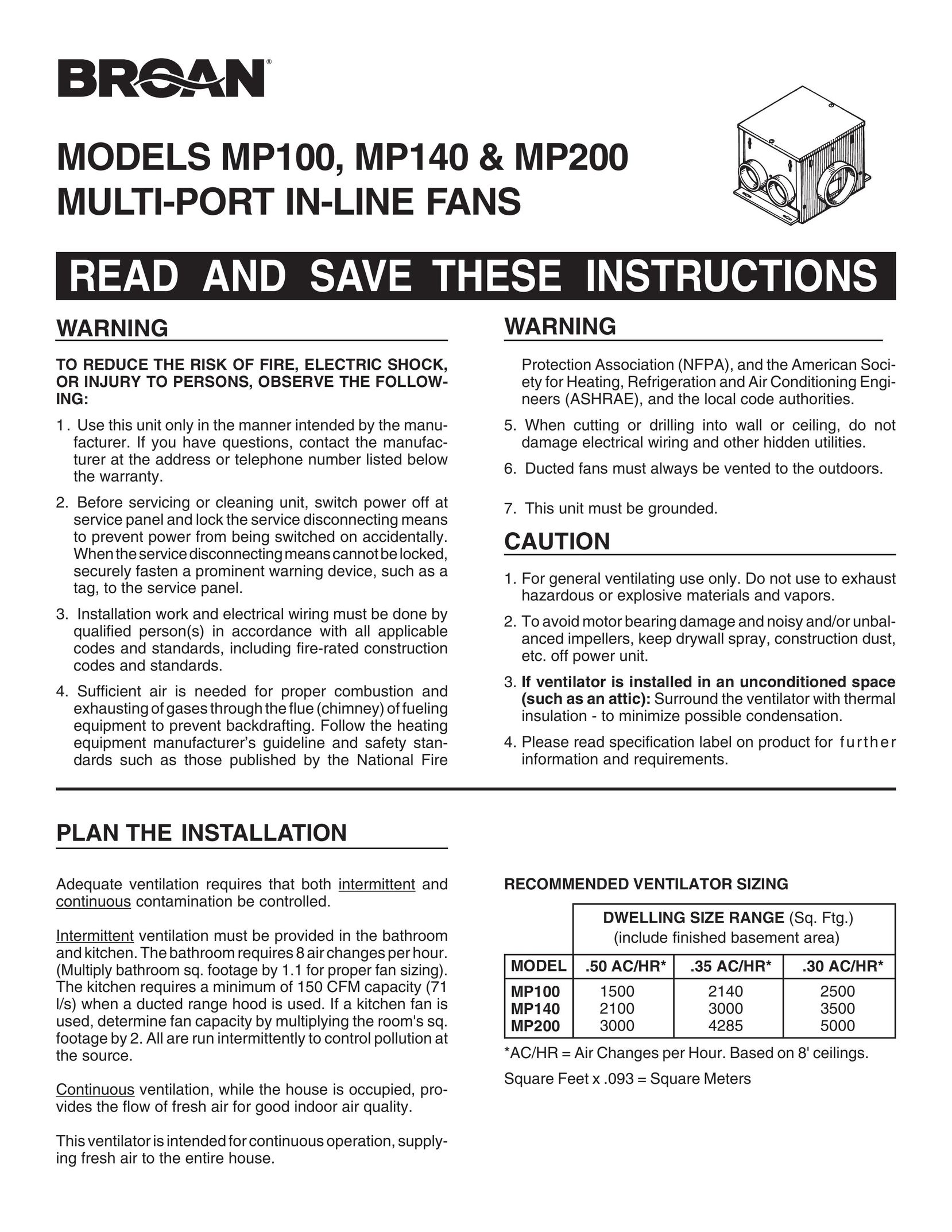 Broan MP100 Fan User Manual