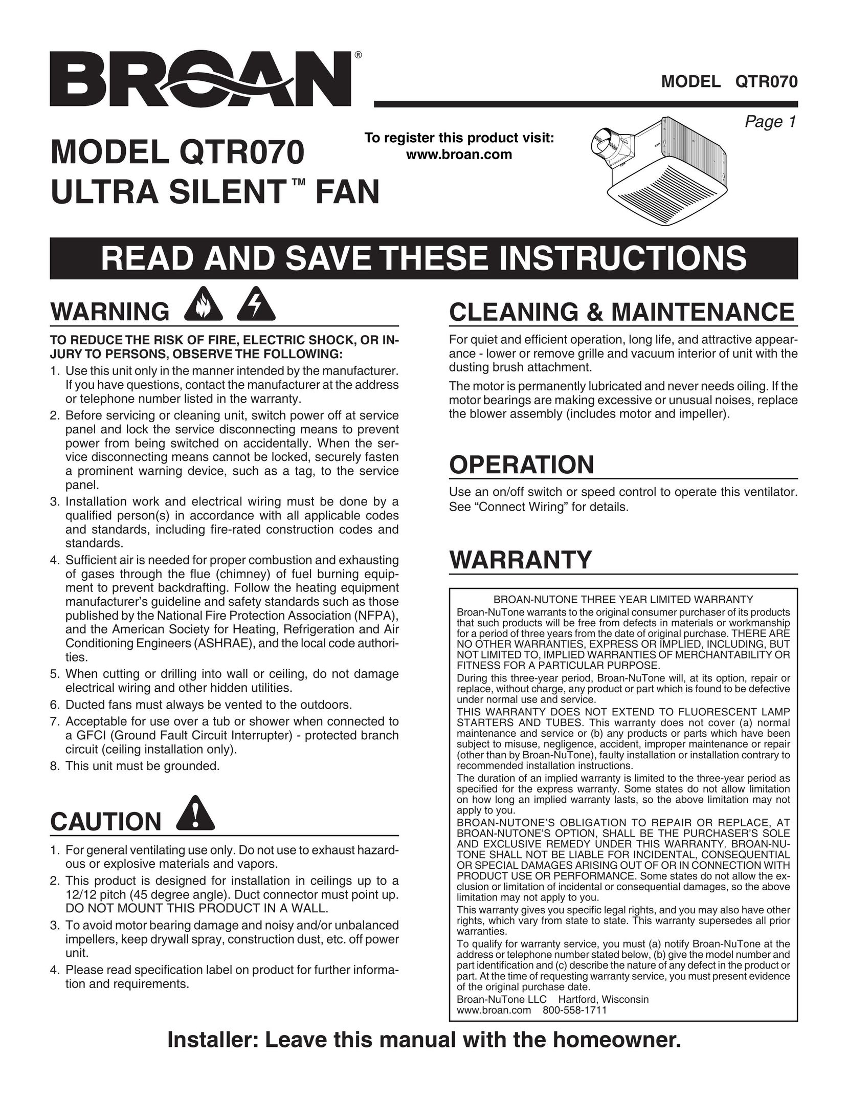 Broan QTR070 Fan User Manual