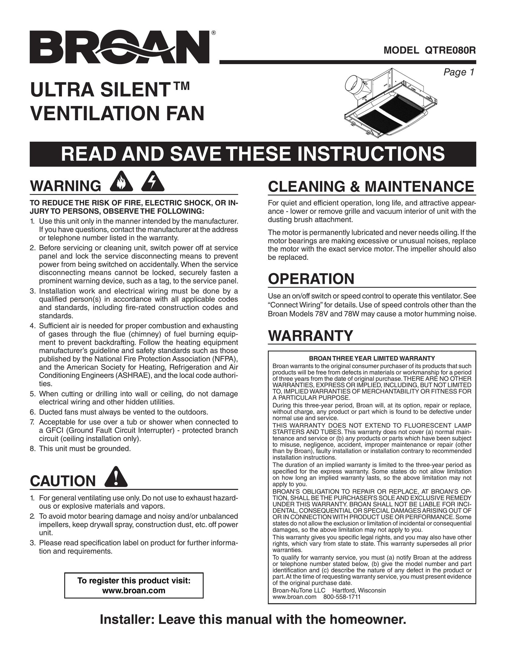 Broan QTRE080R Fan User Manual