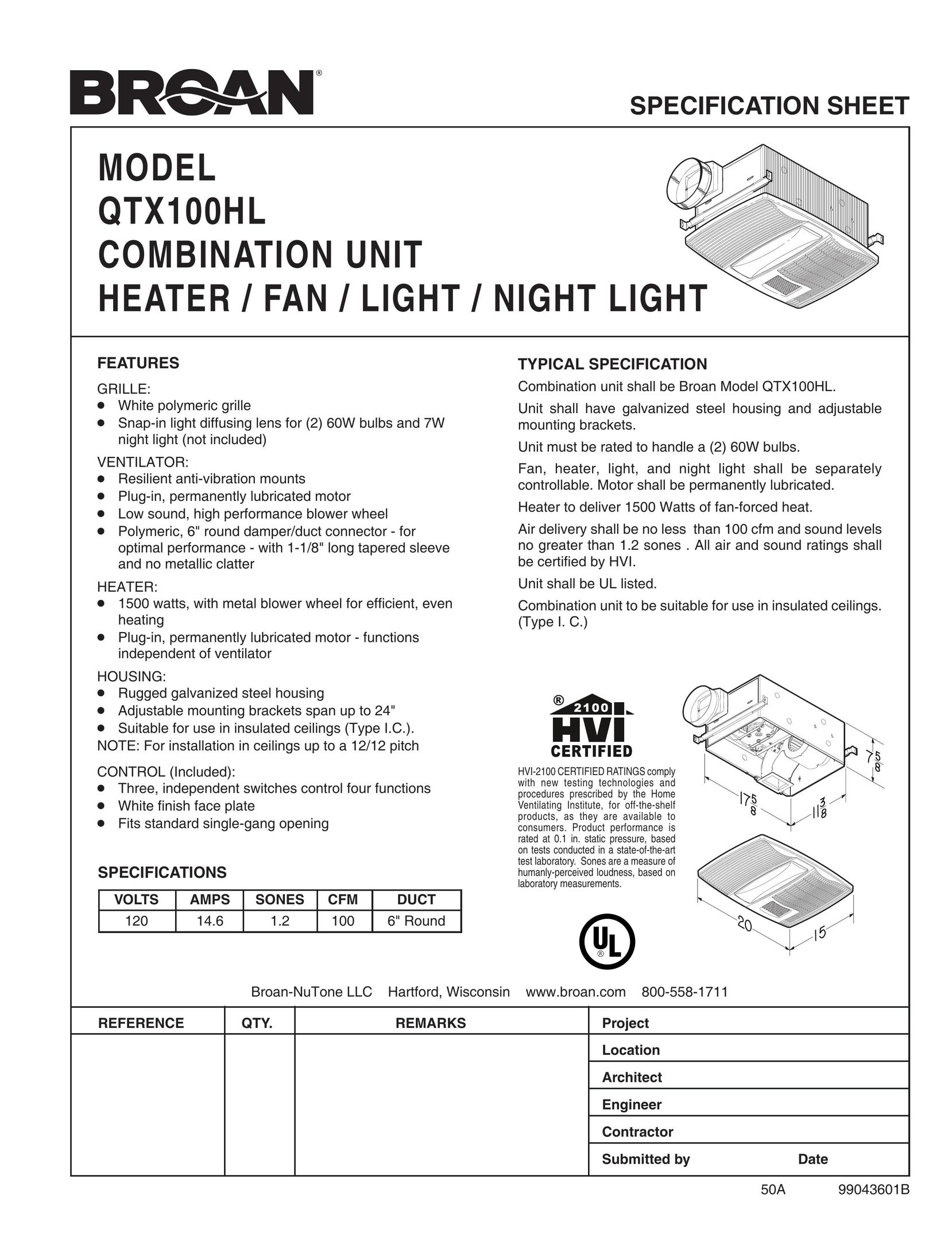 Broan QTX100HL Fan User Manual