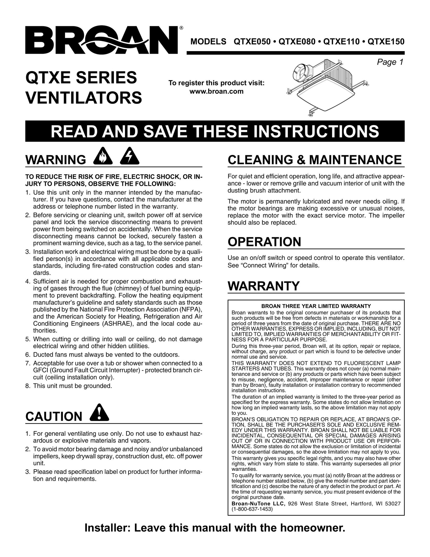 Broan QTXE050 Fan User Manual